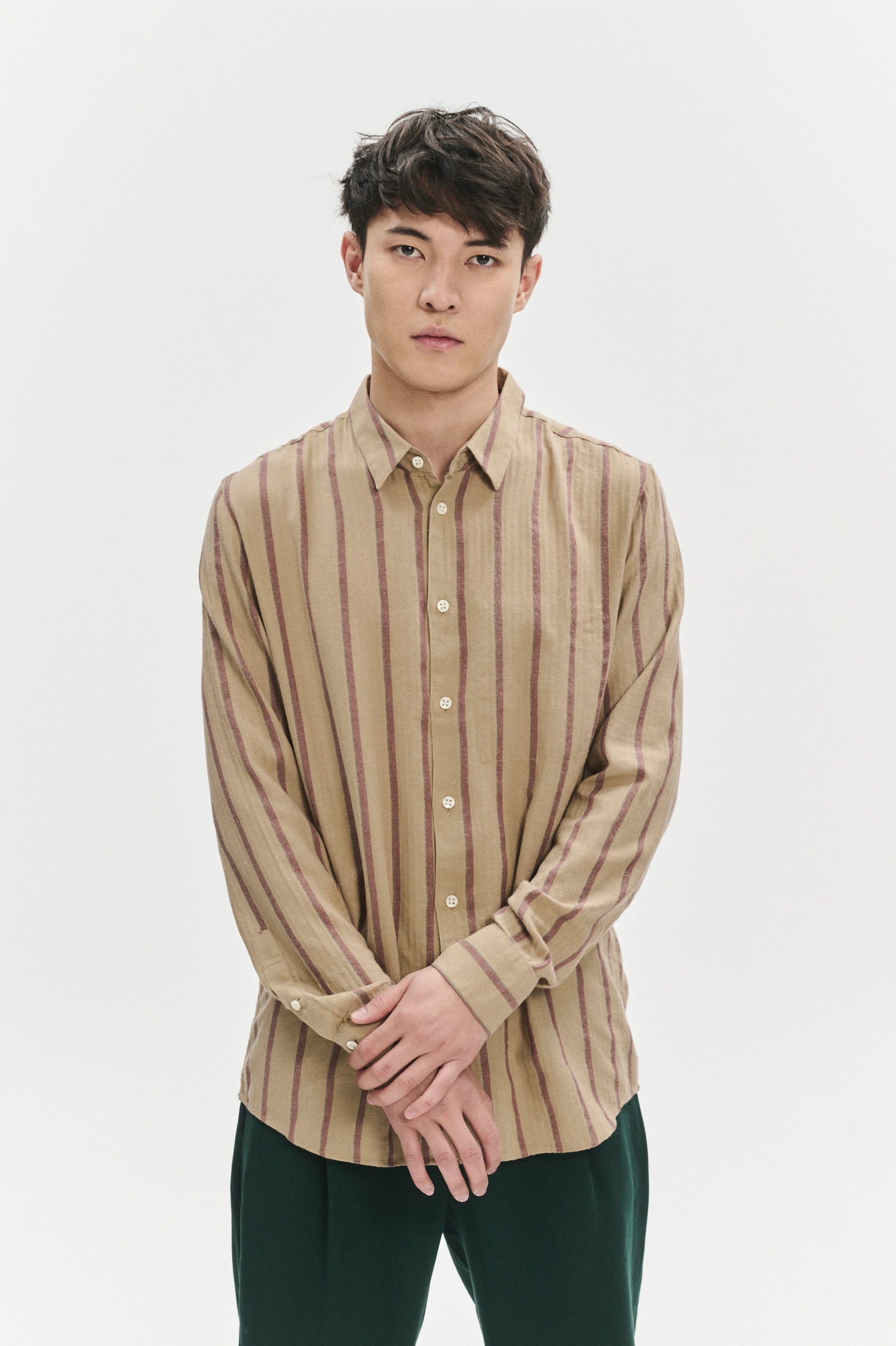 Feel Good Shirt in a Tonal Beige and Bordeaux Subtle Striped Herringbone Japanese Cotton Flannel