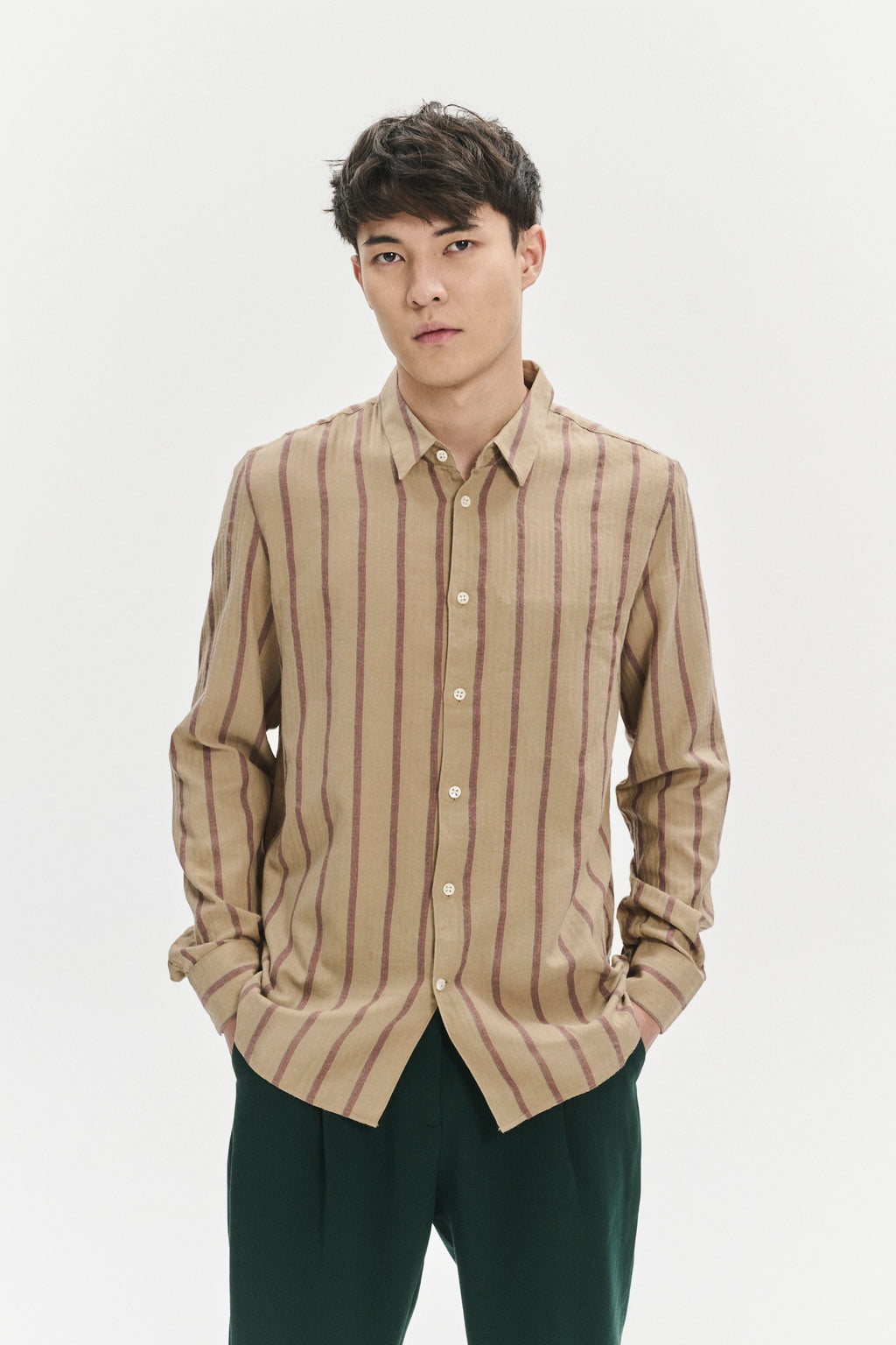 Feel Good Shirt in a Tonal Beige and Bordeaux Subtle Striped Herringbone Japanese Cotton Flannel