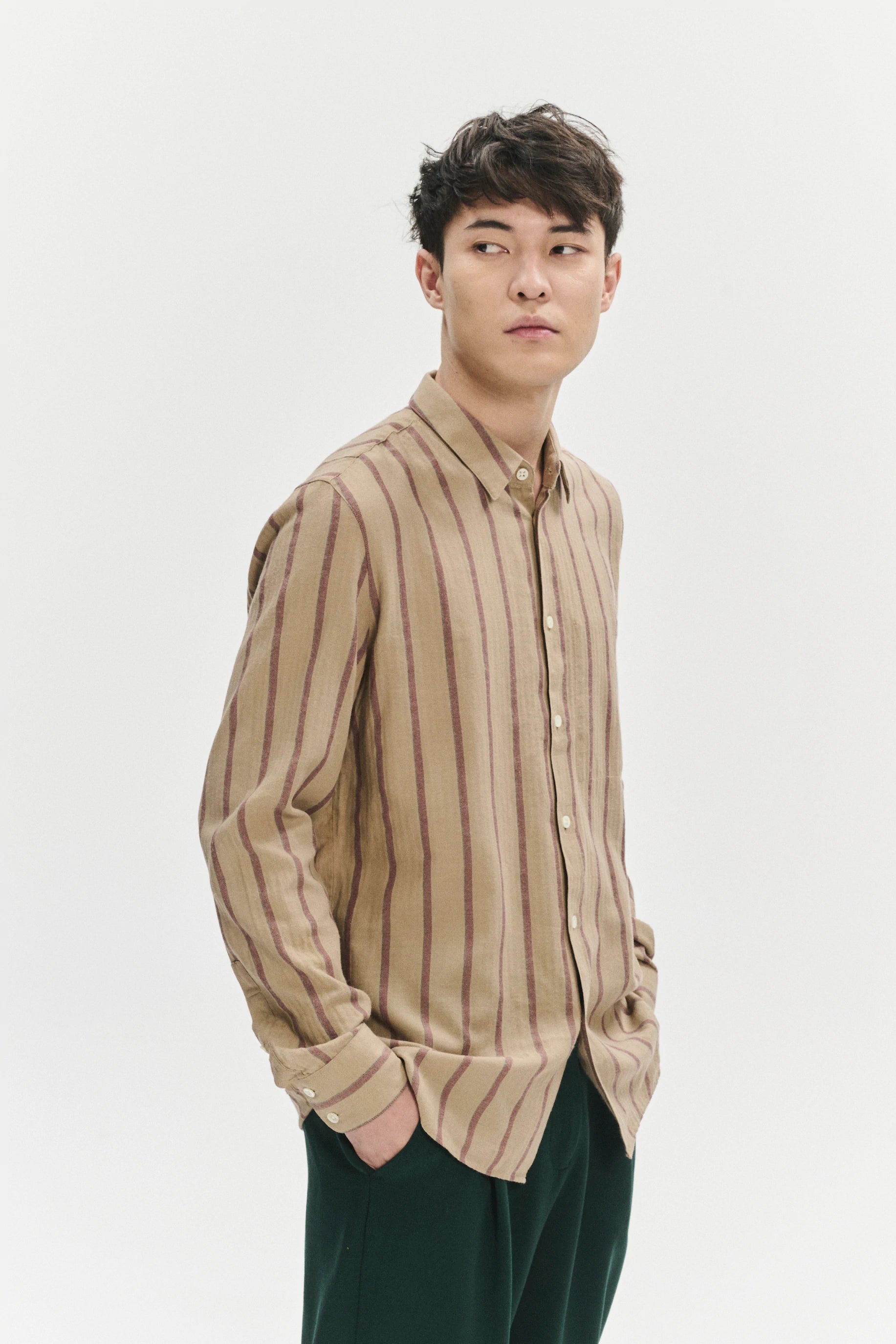 Feel Good Shirt in a Tonal Beige and Bordeaux Subtle Striped Herringbone Japanese Cotton Flannel