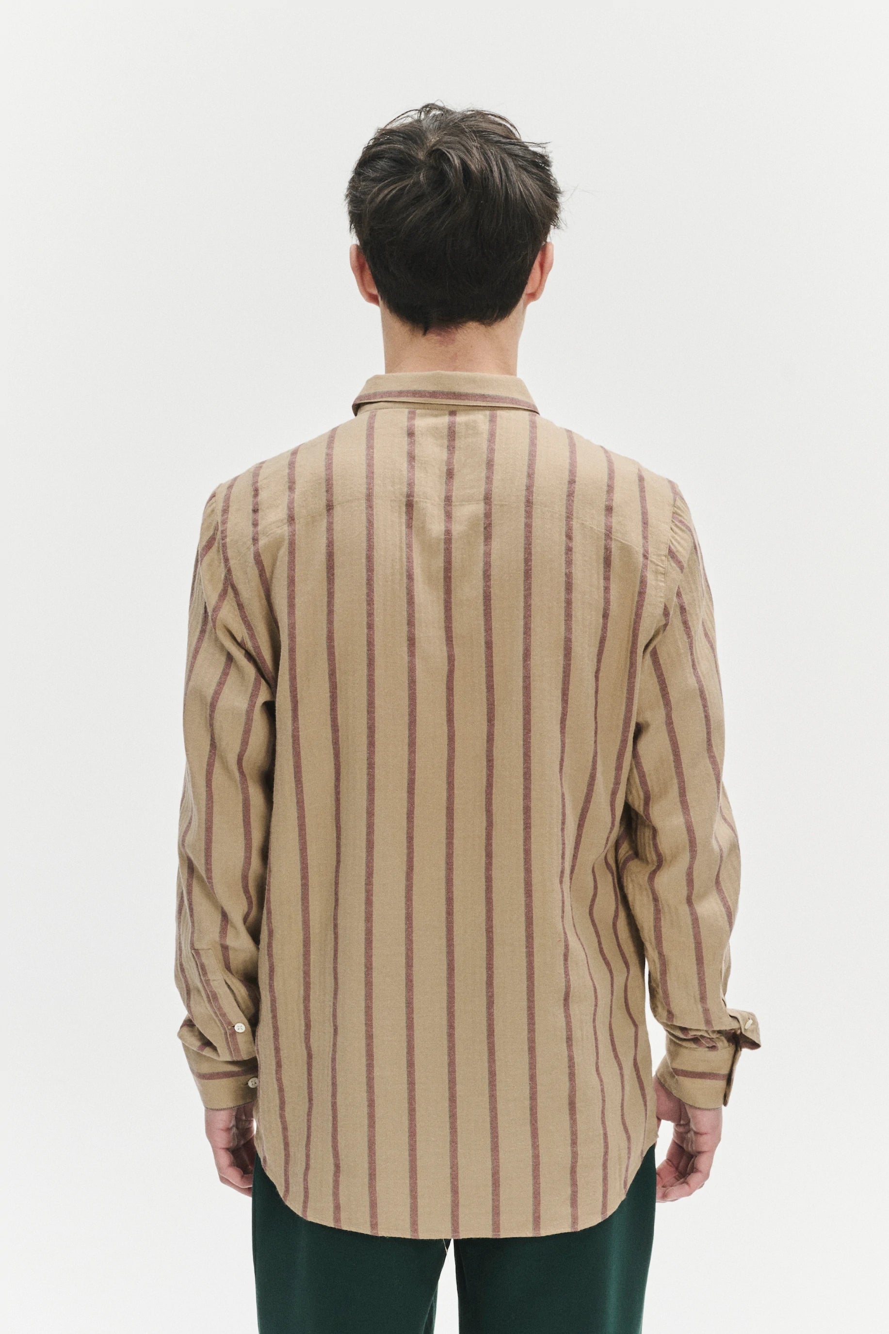 Feel Good Shirt in a Tonal Beige and Bordeaux Subtle Striped Herringbone Japanese Cotton Flannel