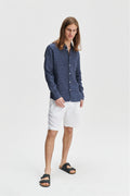 Feel Good Shirt in a Navy Dotted Delavé Italian Linen