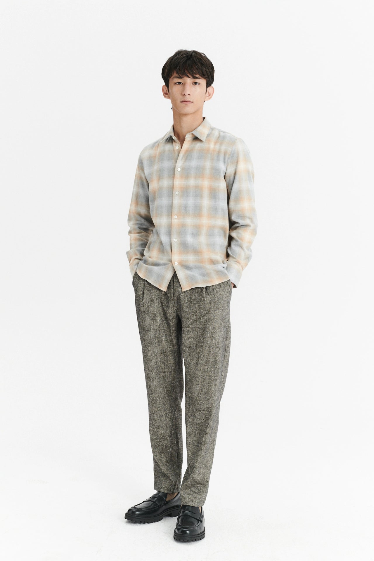 Feel Good Shirt in a Soft Tonal Beige and Grey Chequered Italian Cotton Flannel