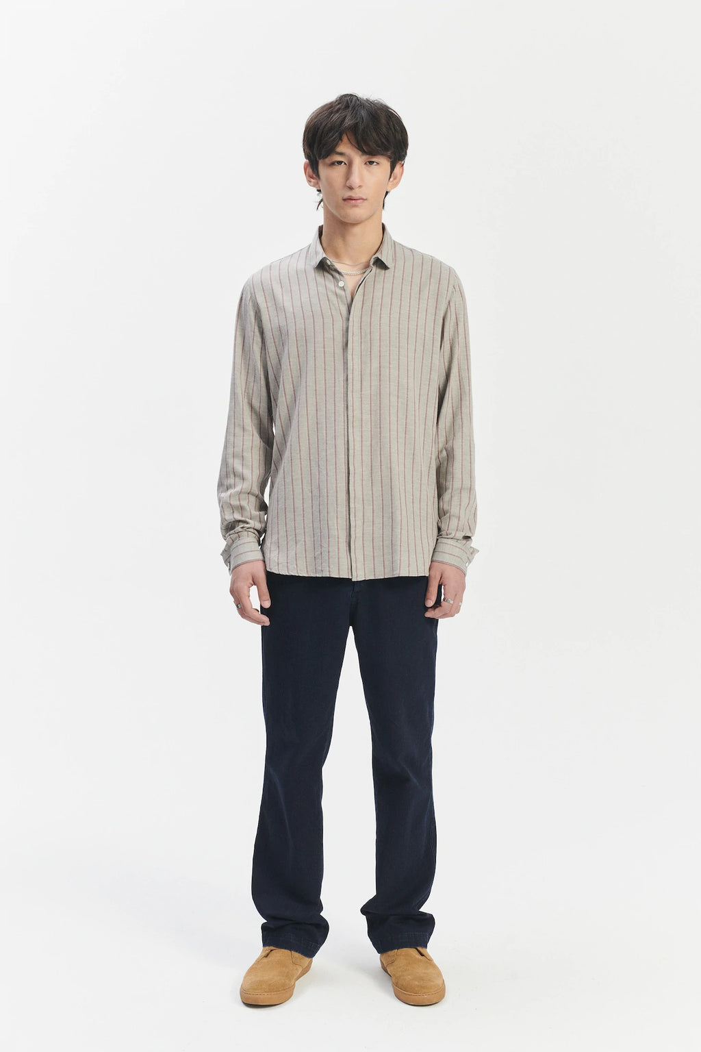 Cute Shirt in a Grey and Wine Red Striped Blend of Portuguese Cotton and Cashmere