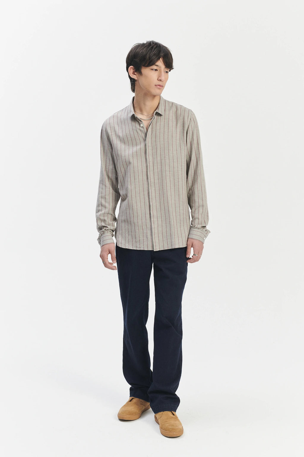 Cute Shirt in a Grey and Wine Red Striped Blend of Portuguese Cotton and Cashmere