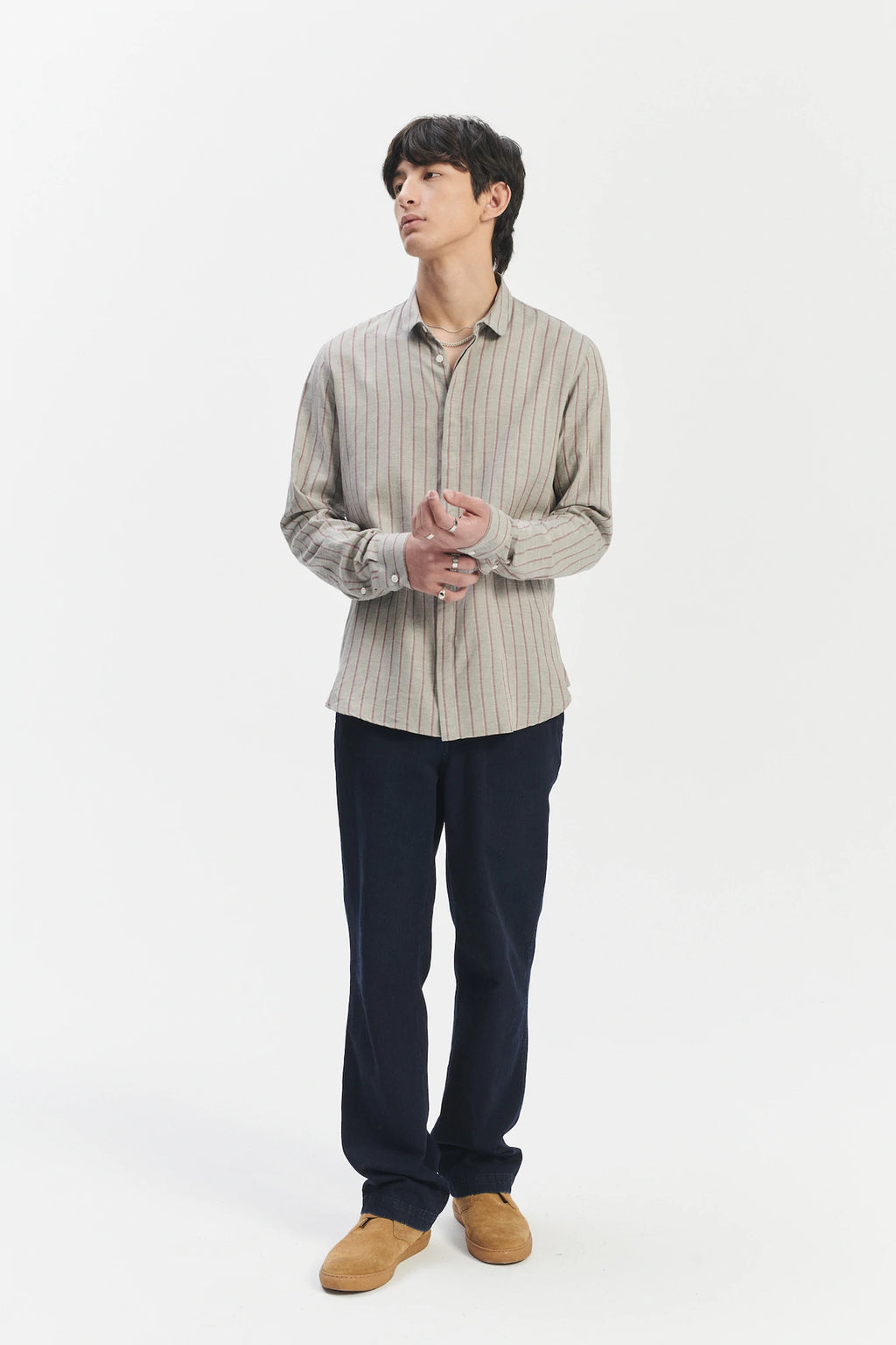 Cute Shirt in a Grey and Wine Red Striped Blend of Portuguese Cotton and Cashmere