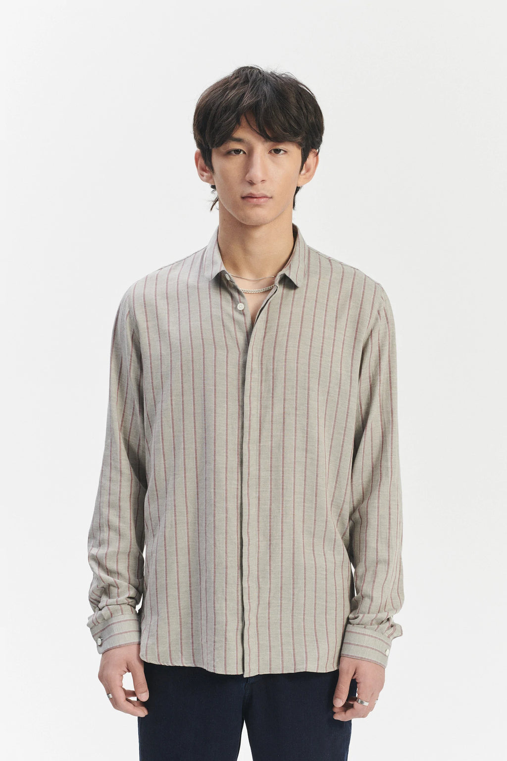 Cute Shirt in a Grey and Wine Red Striped Blend of Portuguese Cotton and Cashmere