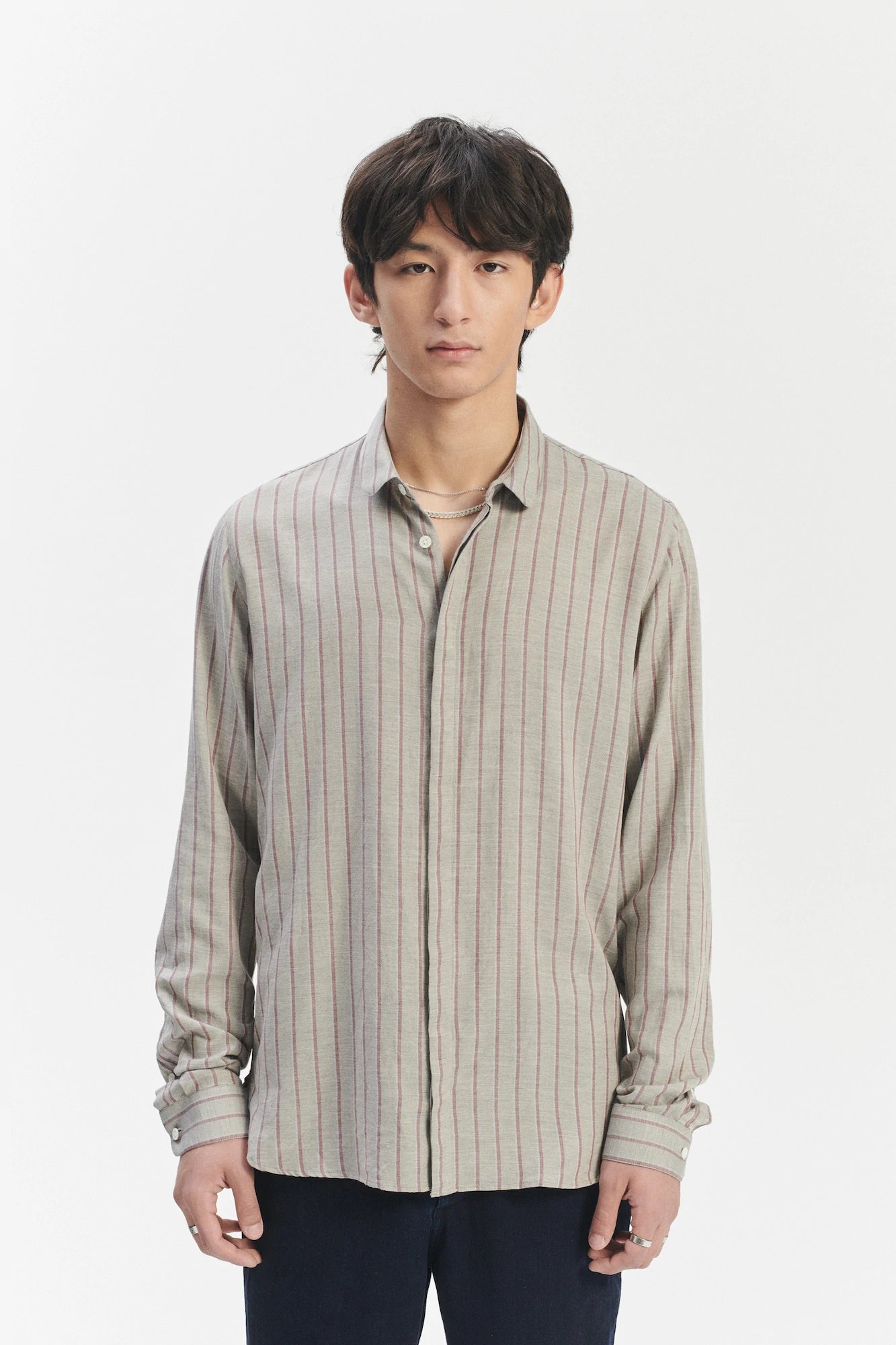Cute Shirt in a Grey and Wine Red Striped Blend of Portuguese Cotton and Cashmere