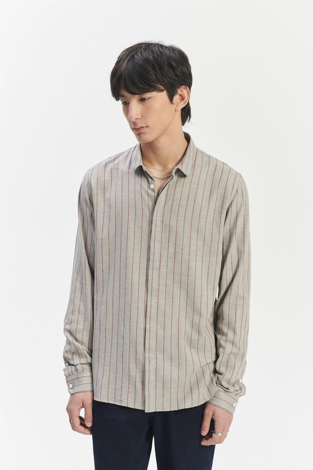 Cute Shirt in a Grey and Wine Red Striped Blend of Portuguese Cotton and Cashmere