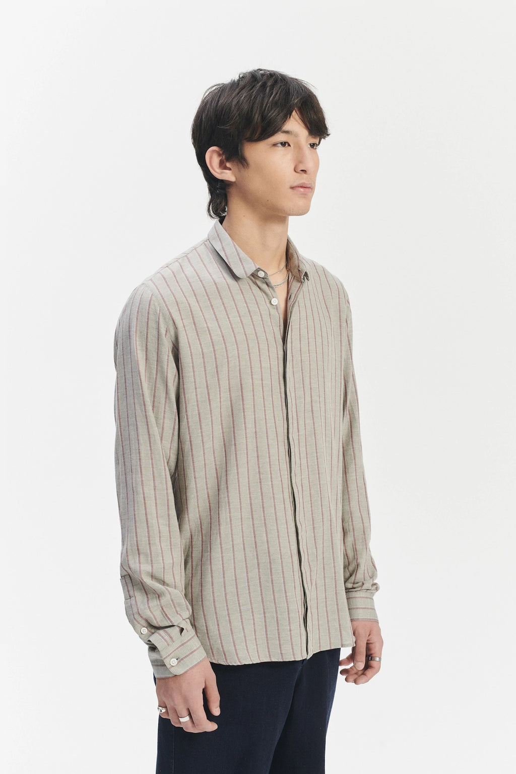 Cute Shirt in a Grey and Wine Red Striped Blend of Portuguese Cotton and Cashmere