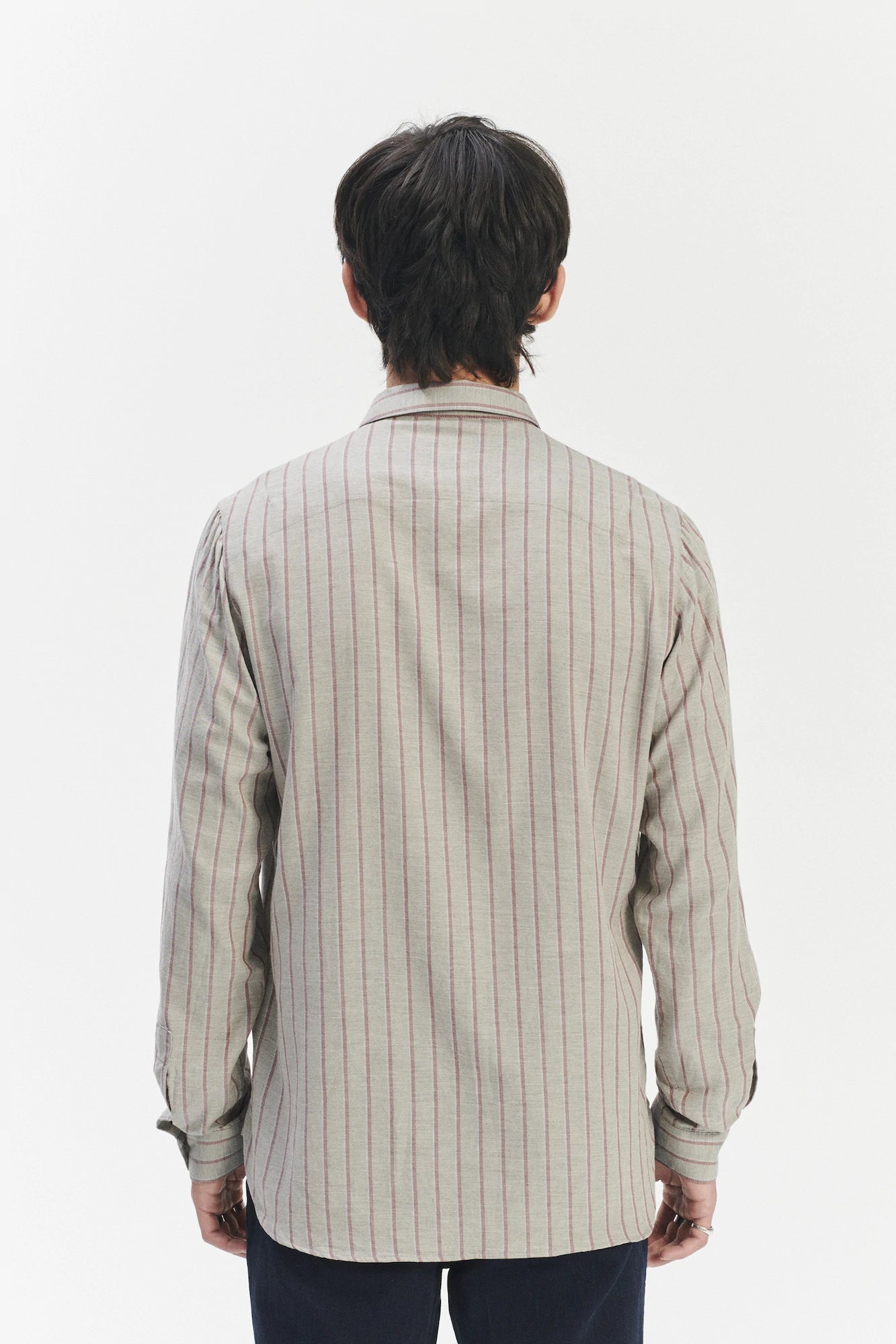 Cute Shirt in a Grey and Wine Red Striped Blend of Portuguese Cotton and Cashmere