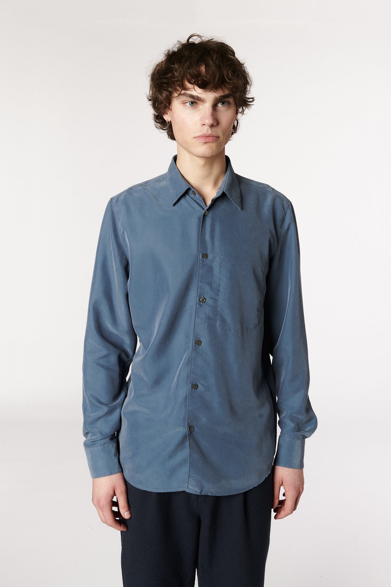 Feel Good Shirt in a Grey Metal Blue Silky Dense Japanese Lyocell