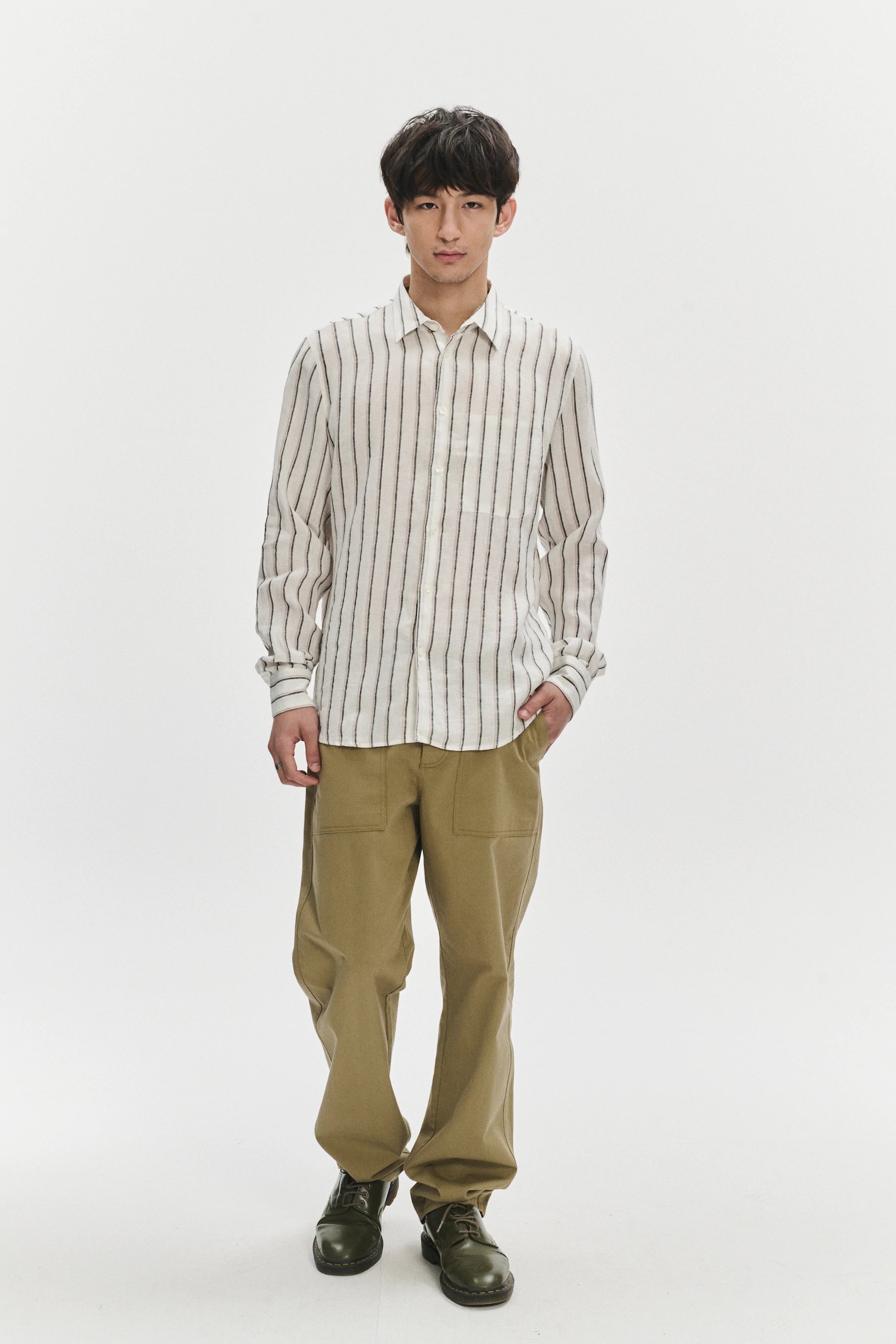 Feel Good Shirt in a Fine White Black and Beige Double Striped Bohemian Linen