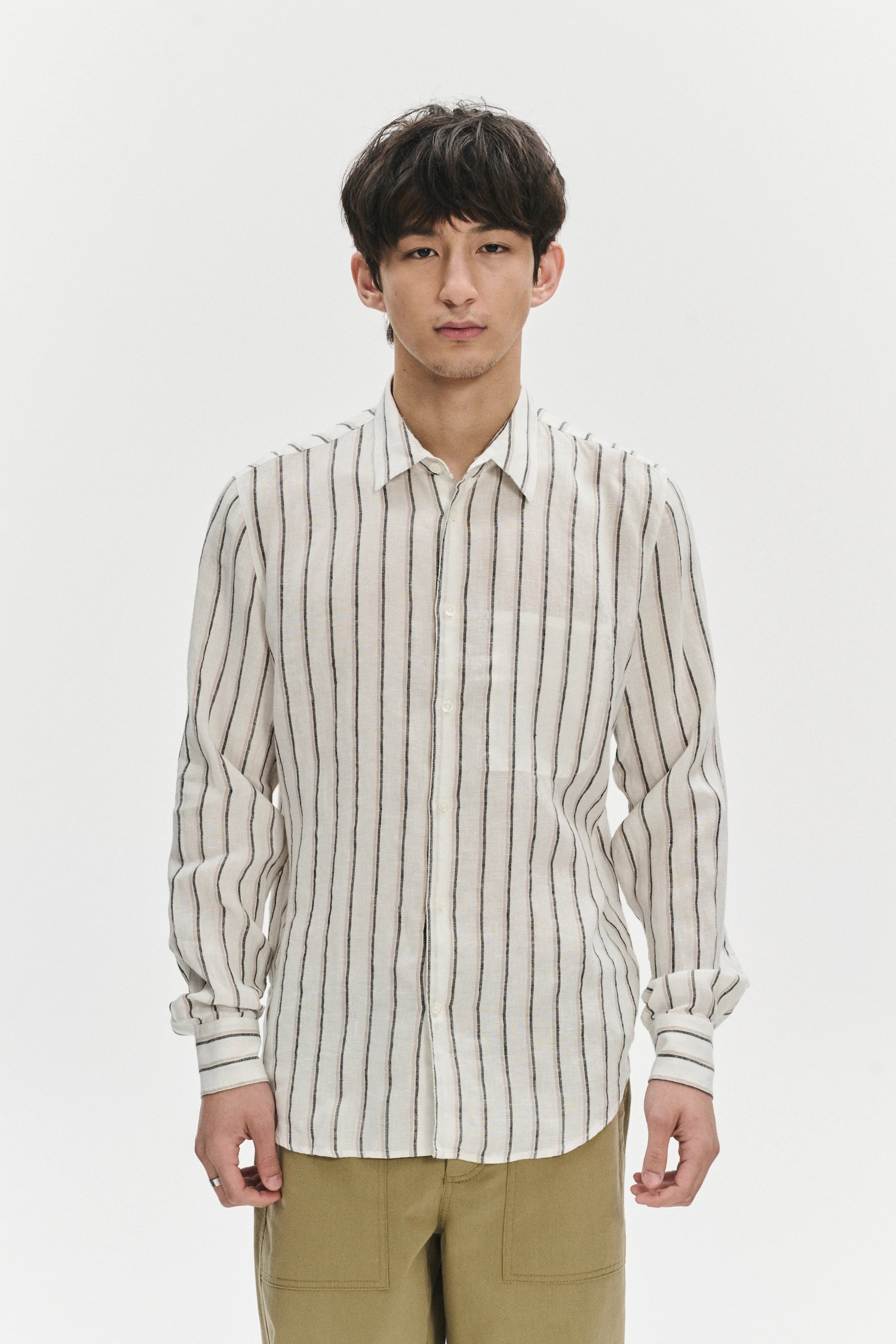 Feel Good Shirt in a Fine White Black and Beige Double Striped Bohemian Linen