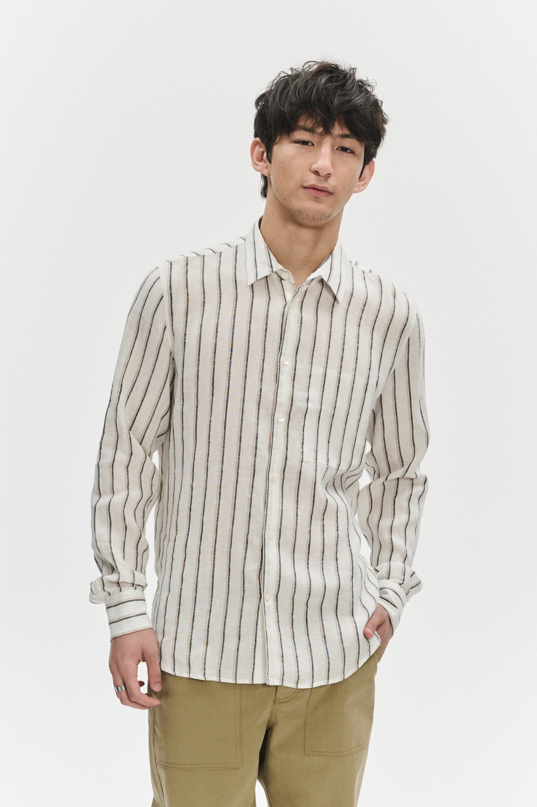 Feel Good Shirt in a Fine White Black and Beige Double Striped Bohemian Linen