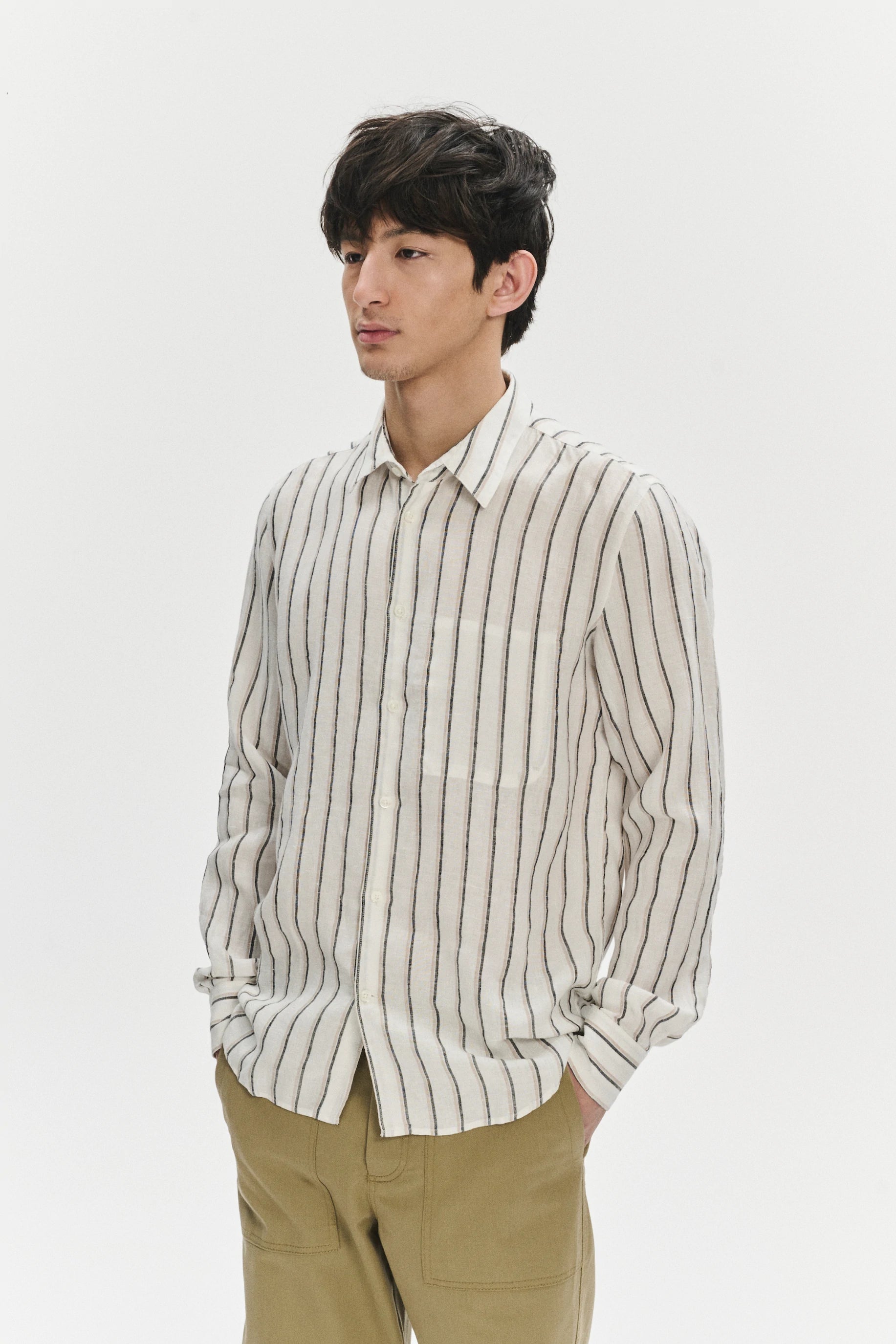 Feel Good Shirt in a Fine White Black and Beige Double Striped Bohemian Linen