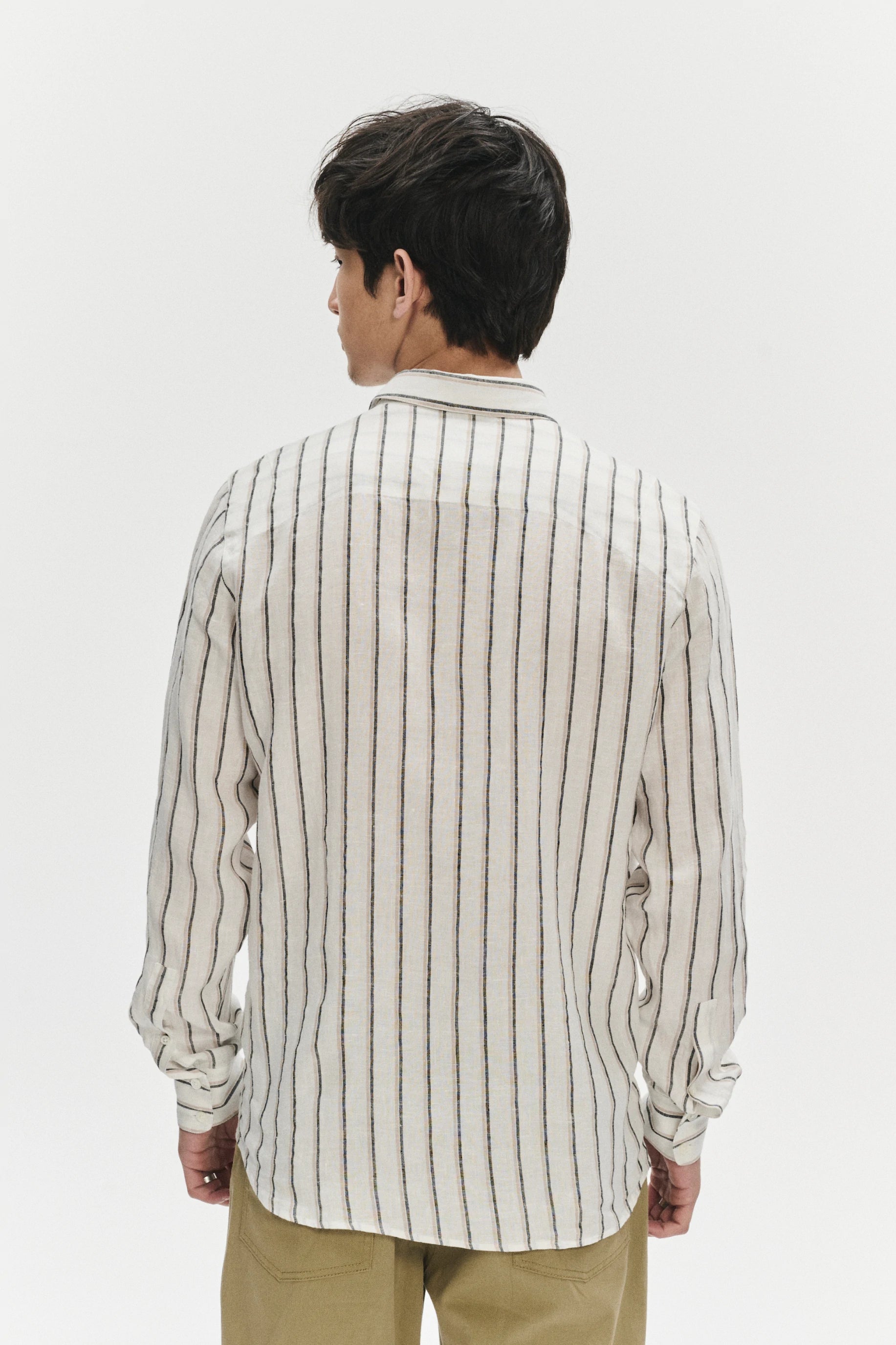 Feel Good Shirt in a Fine White Black and Beige Double Striped Bohemian Linen