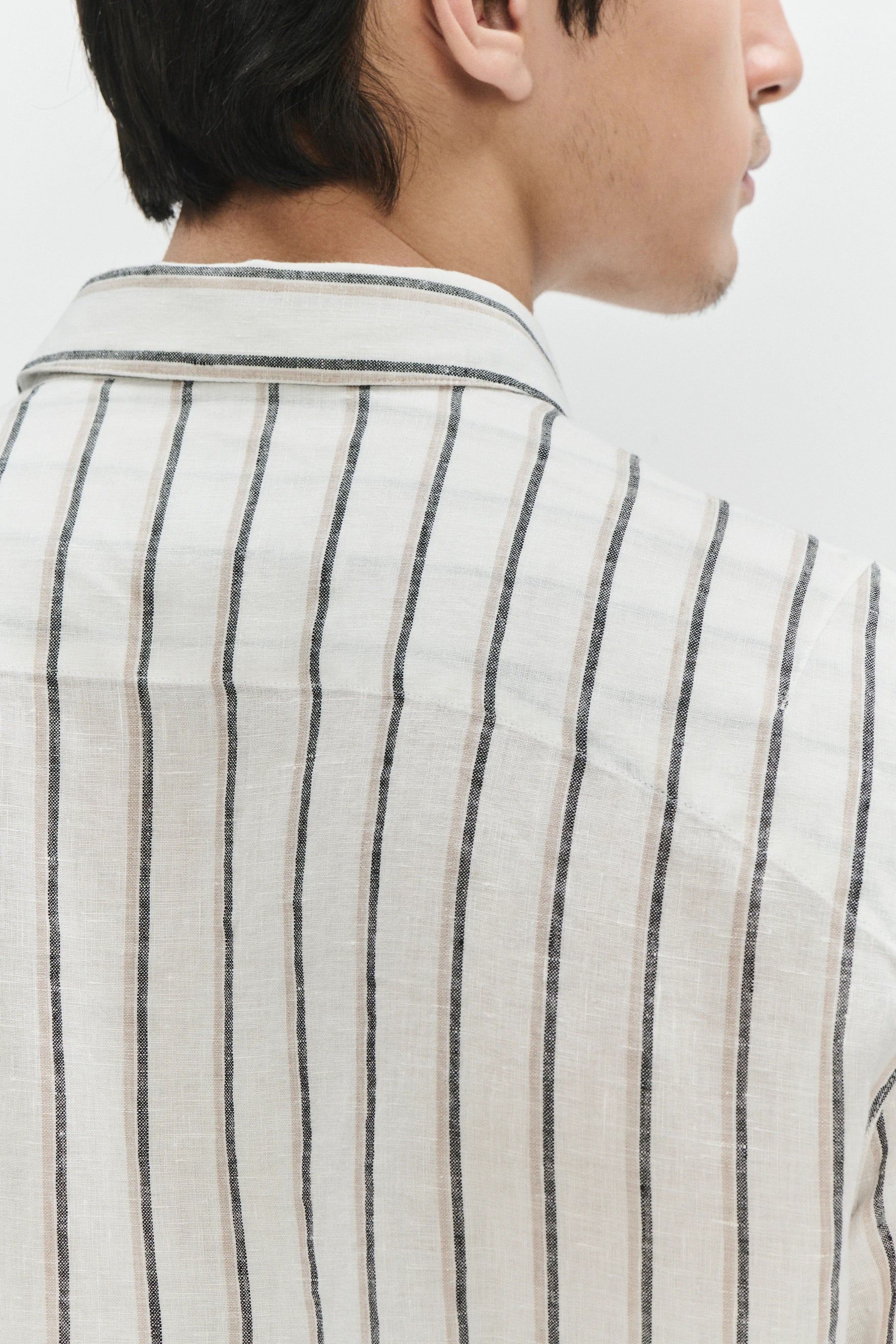 Feel Good Shirt in a Fine White Black and Beige Double Striped Bohemian Linen