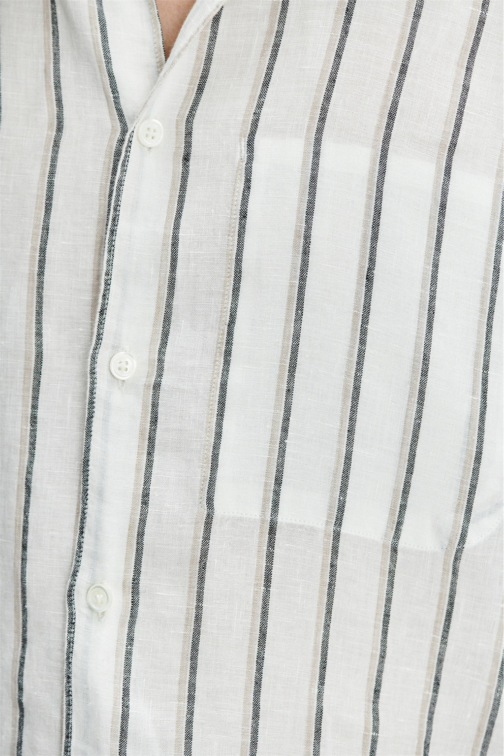 Feel Good Shirt in a Fine White Black and Beige Double Striped Bohemian Linen
