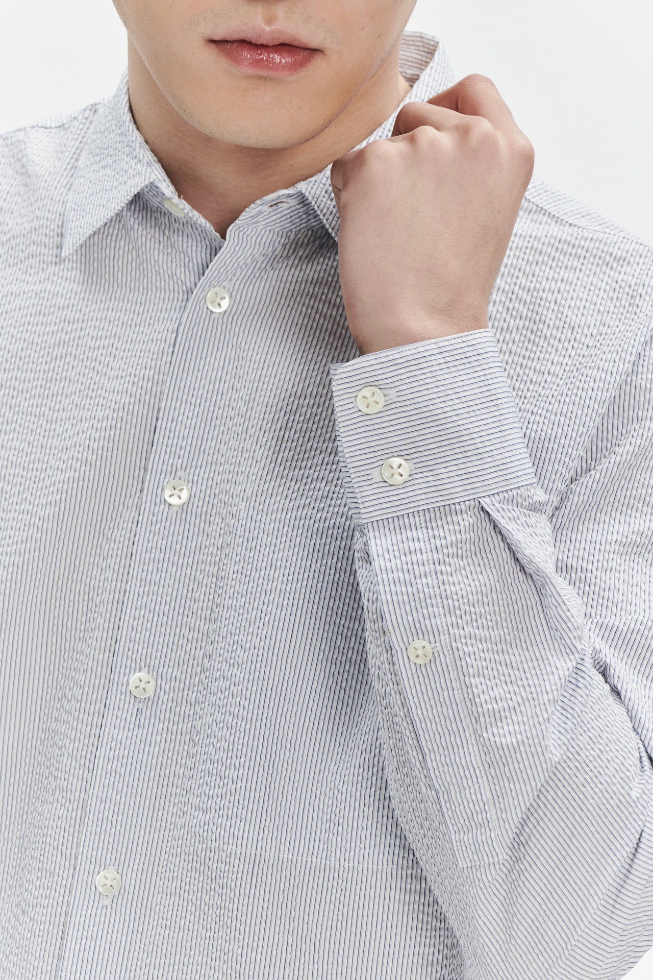 Feel Good Shirt in the Finest Italian Subtle Blue and White Cotton Seersucker by Albini