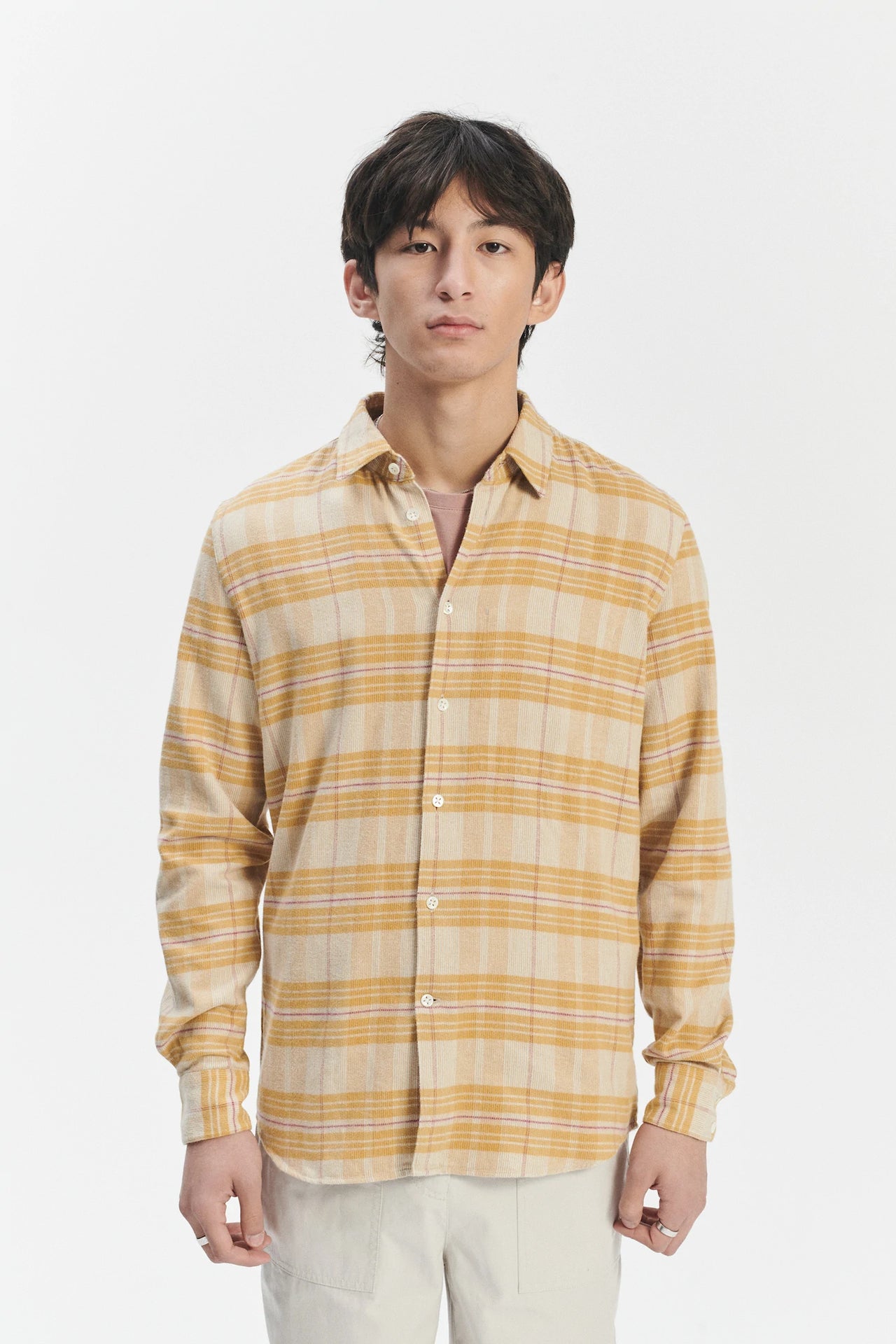 Feel Good Shirt in a Yellow Subtle Chequered Japanese Soft Corduroy Cotton