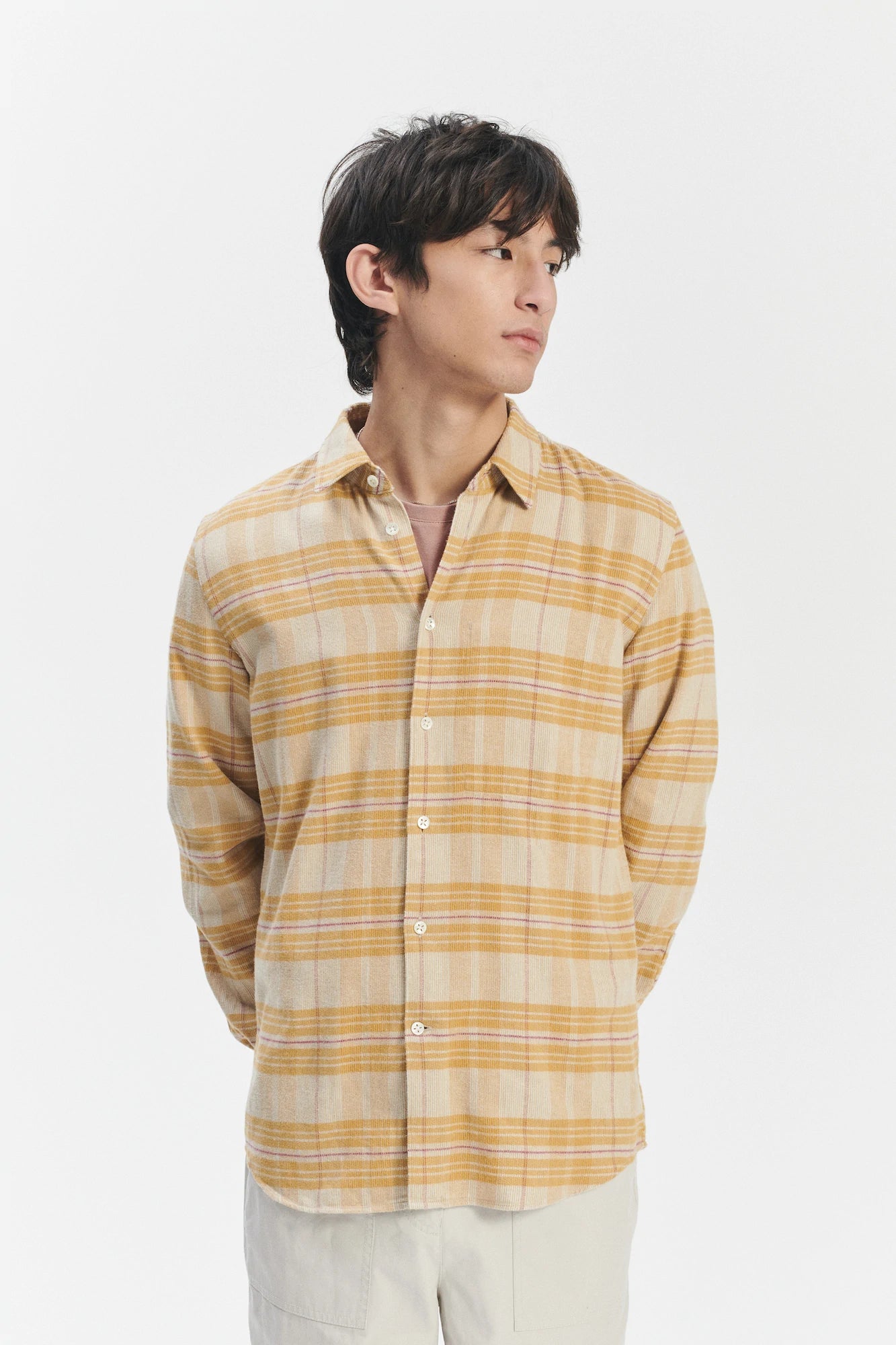 Feel Good Shirt in a Yellow Subtle Chequered Japanese Soft Corduroy Cotton
