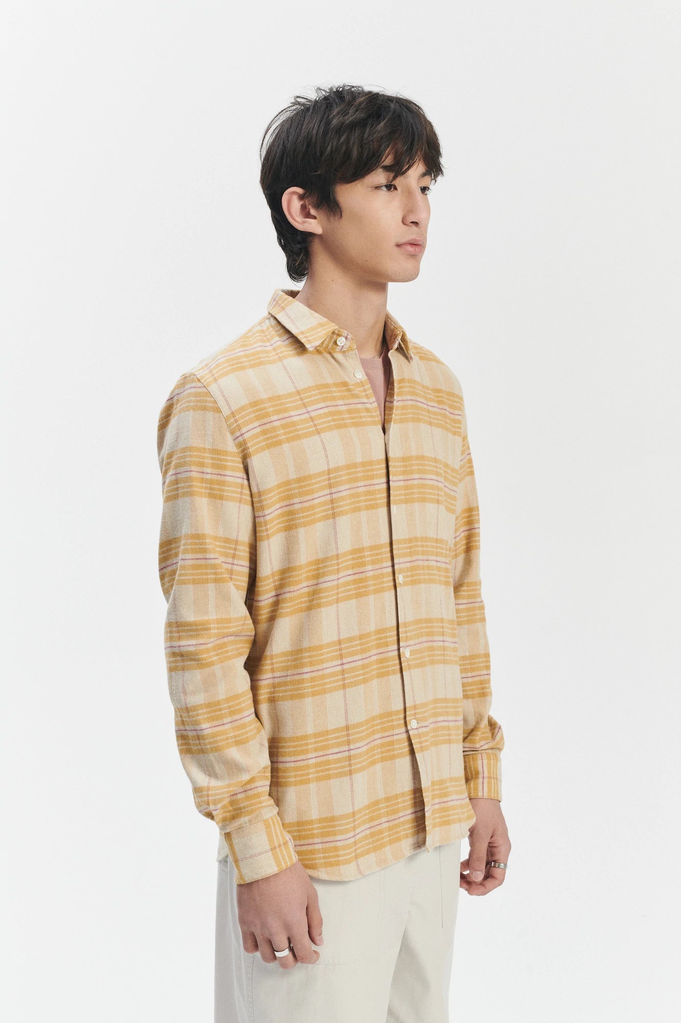 Feel Good Shirt in a Yellow Subtle Chequered Japanese Soft Corduroy Cotton