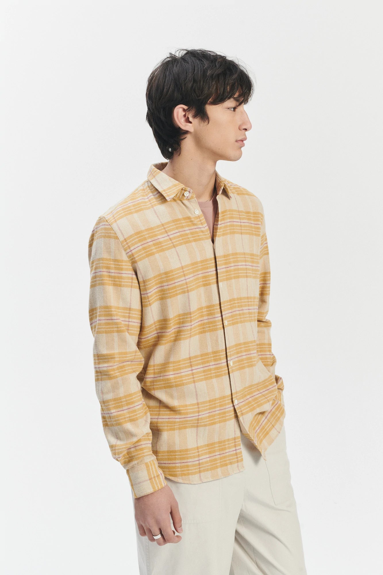 Feel Good Shirt in a Yellow Subtle Chequered Japanese Soft Corduroy Cotton