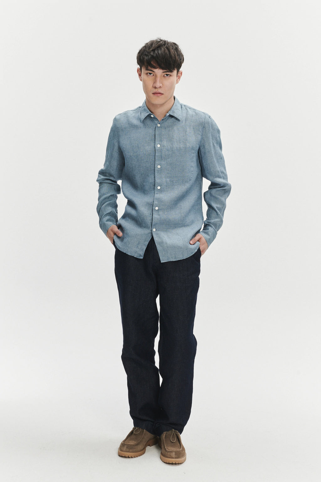 Feel Good Shirt in a Steel Blue Rich Structured Italian Oxford Linen