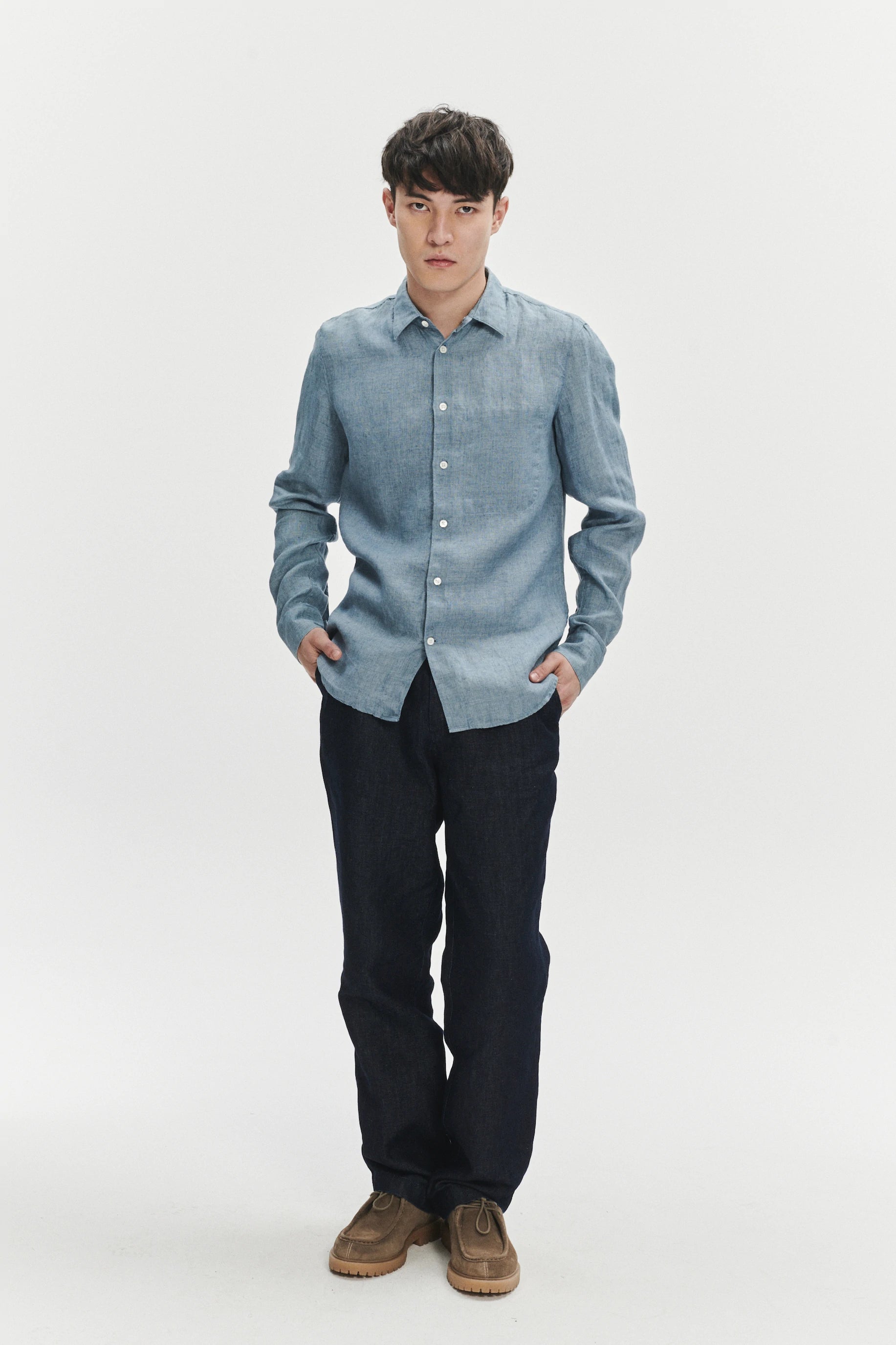 Feel Good Shirt in a Steel Blue Rich Structured Italian Oxford Linen
