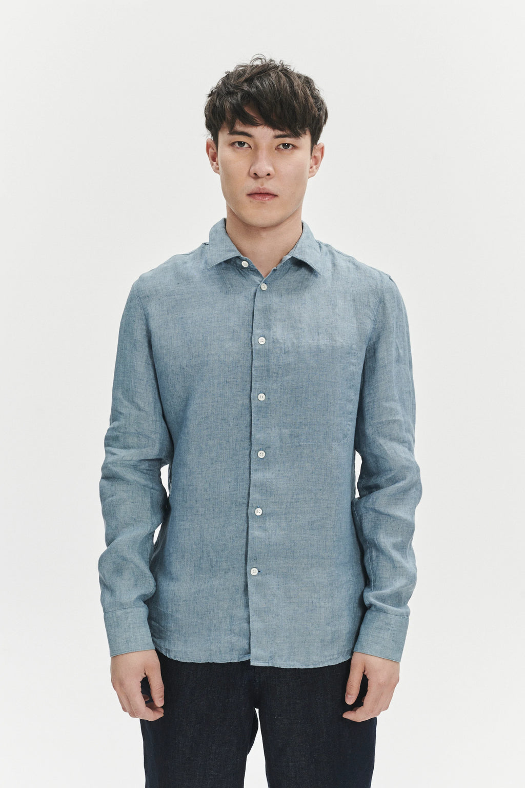 Feel Good Shirt in a Steel Blue Rich Structured Italian Oxford Linen