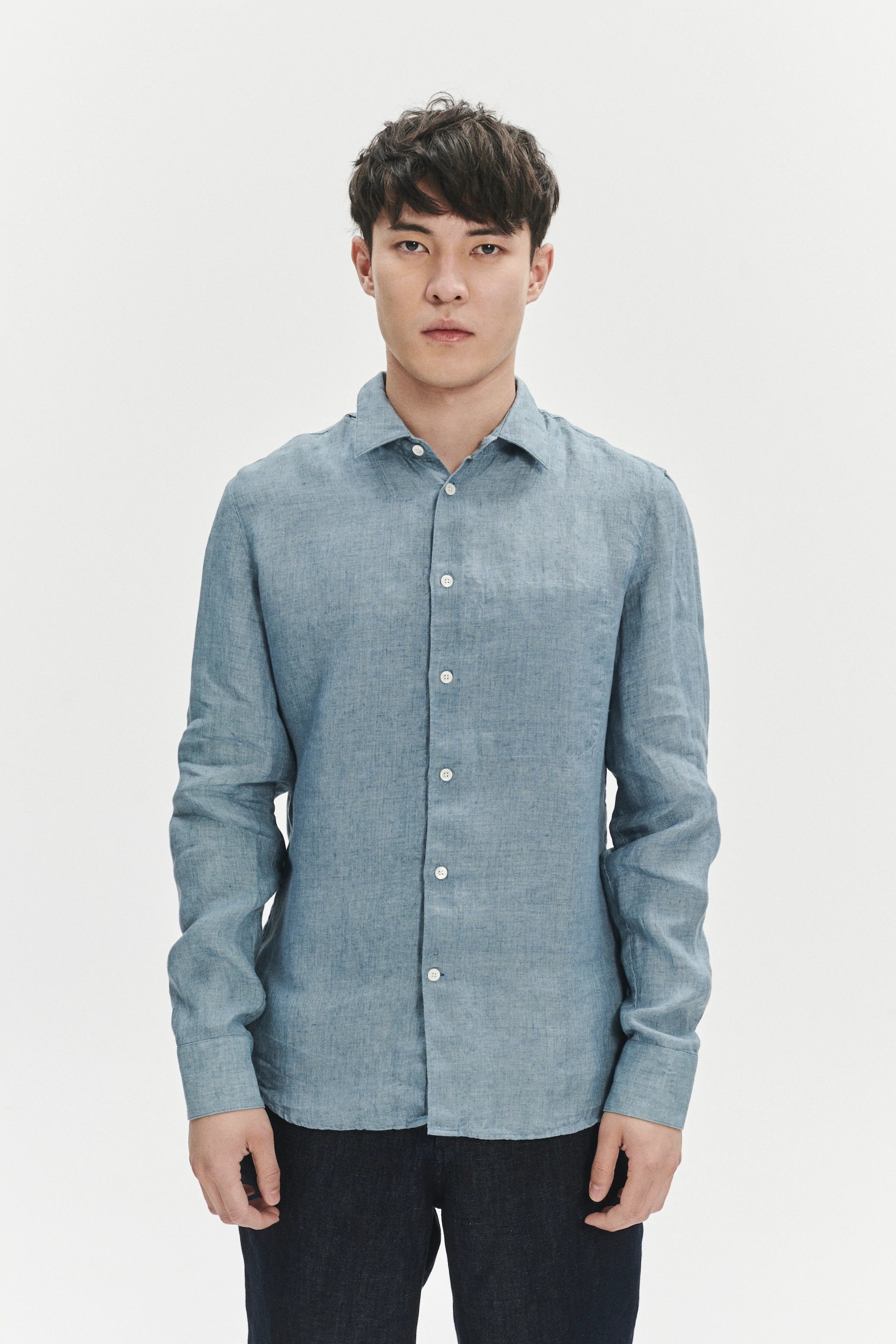 Feel Good Shirt in a Steel Blue Rich Structured Italian Oxford Linen