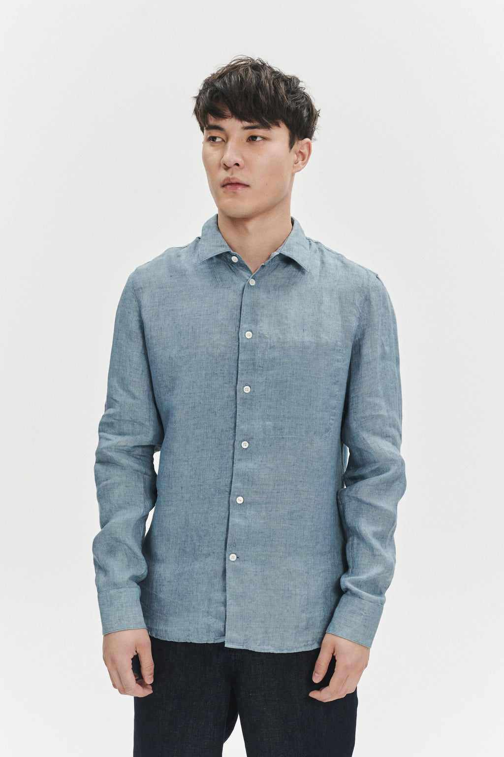 Feel Good Shirt in a Steel Blue Rich Structured Italian Oxford Linen