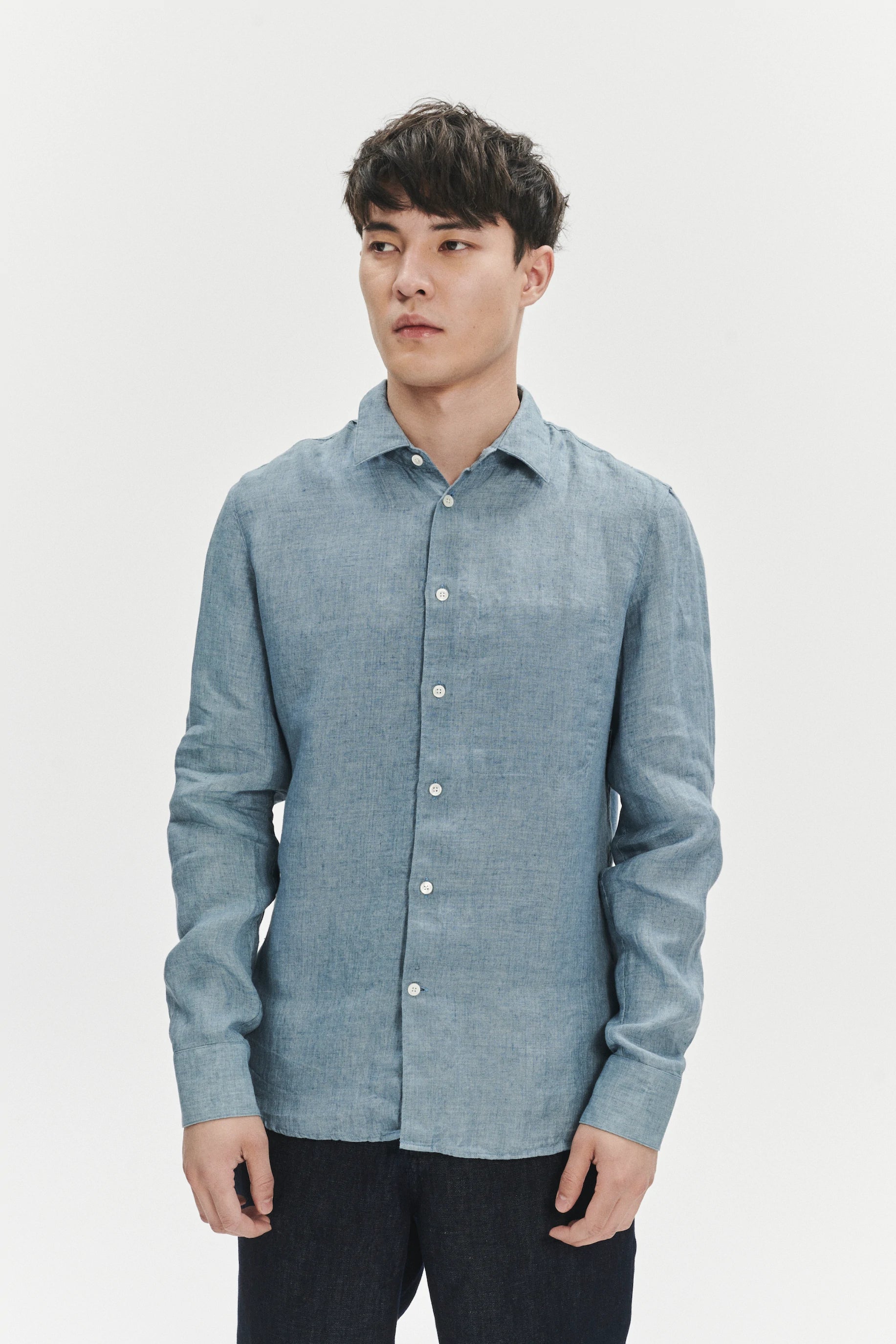 Feel Good Shirt in a Steel Blue Rich Structured Italian Oxford Linen