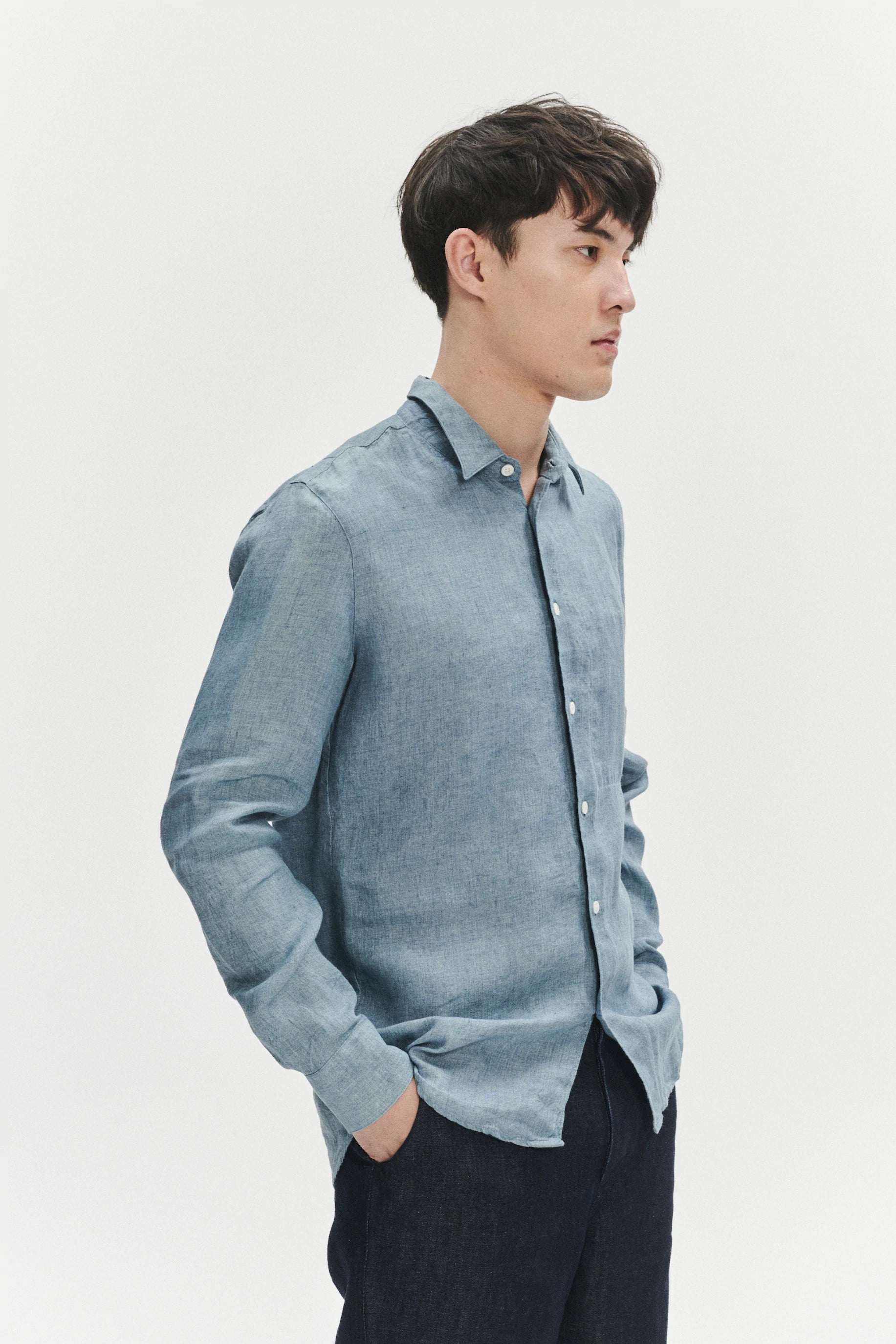 Feel Good Shirt in a Steel Blue Rich Structured Italian Oxford Linen