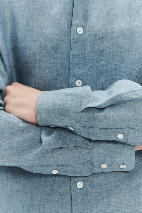 Feel Good Shirt in a Steel Blue Italian Oxford Linen