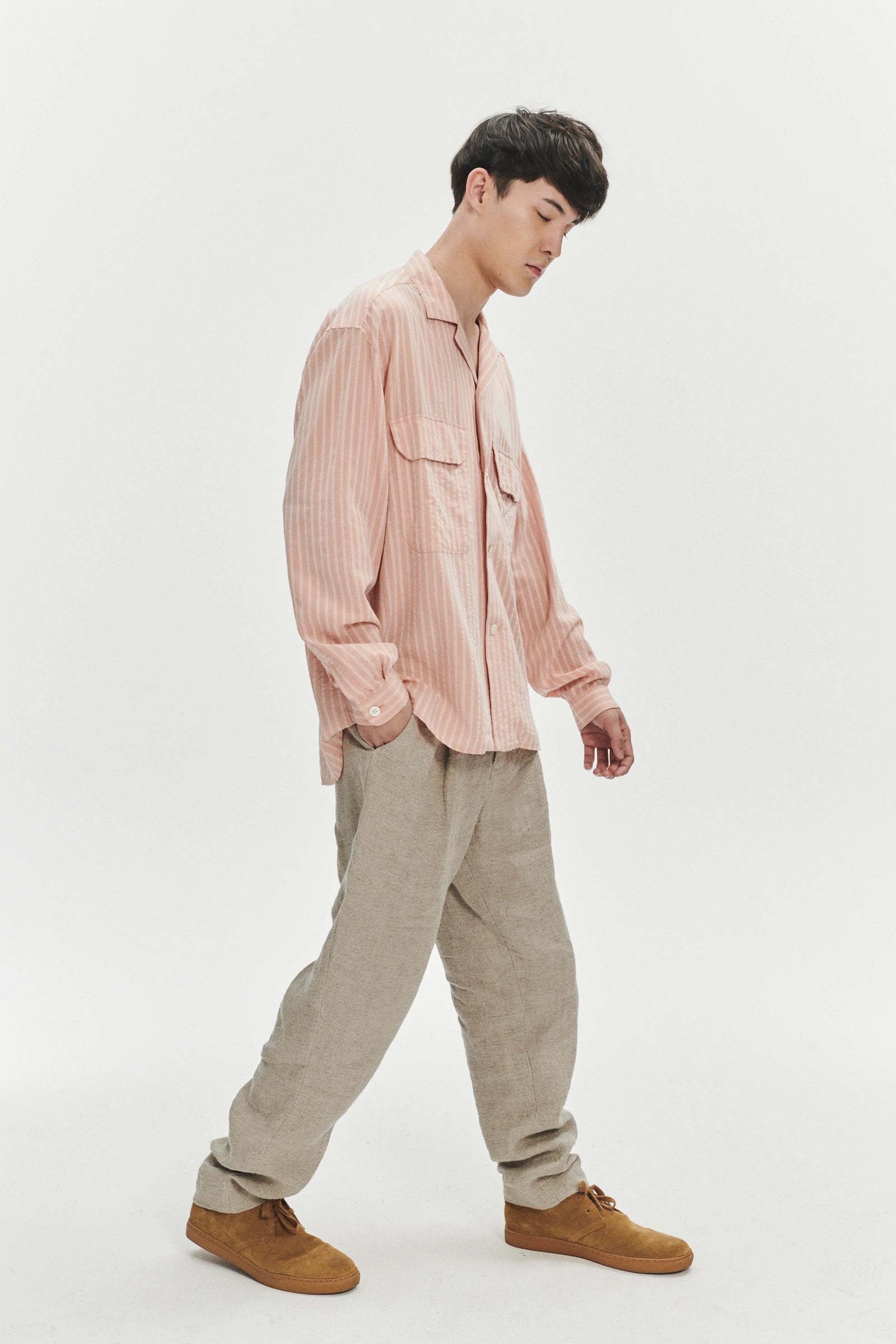 Relaxed Oversized Leisure Shirt in a Peach Pink Soft Lyocell Seersucker