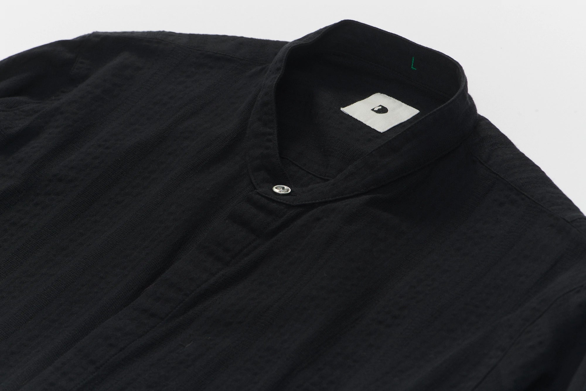 Zen Grandad Collar Shirt in a Black Portuguese Seersucker