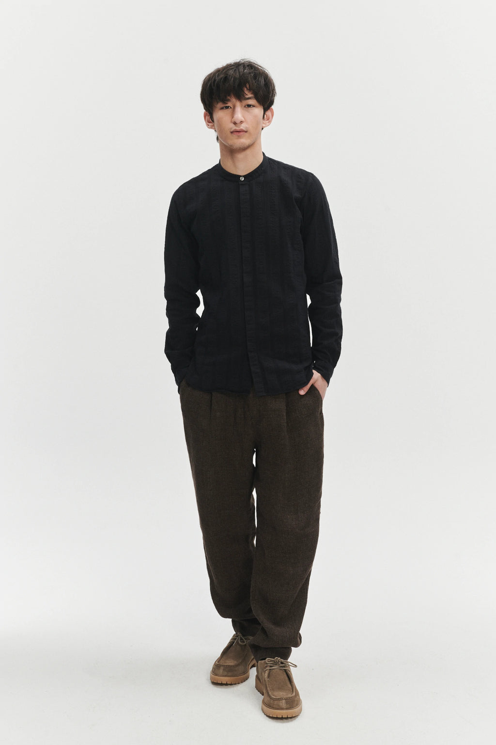 Zen Grandad Collar Shirt in a Black Portuguese Seersucker