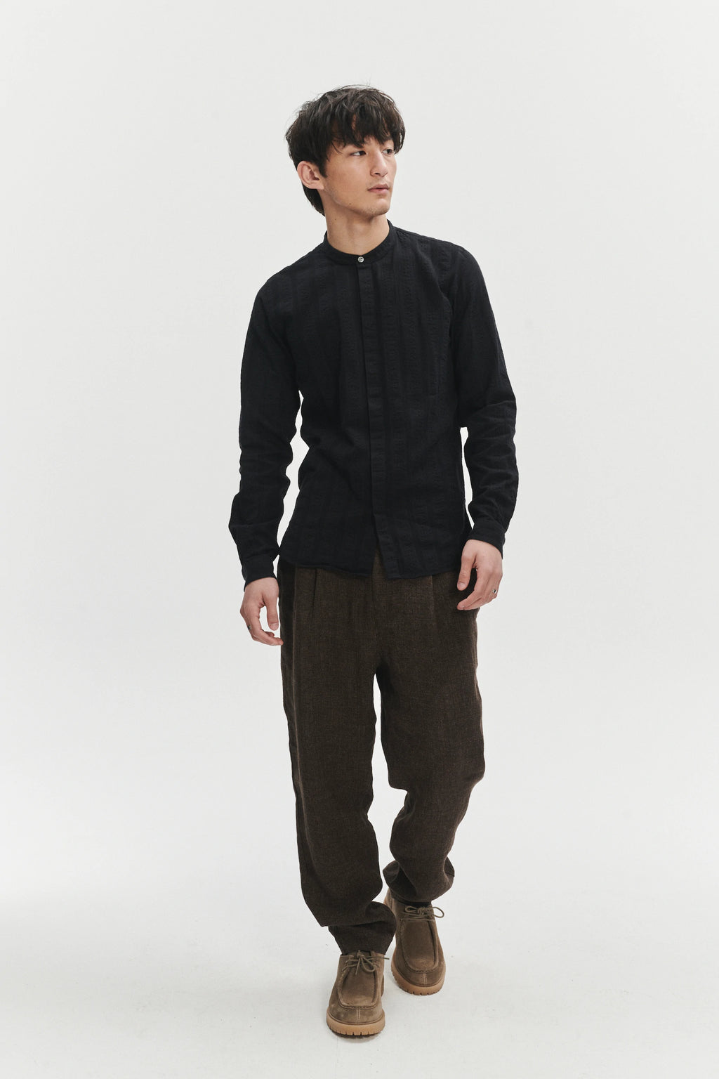 Zen Grandad Collar Shirt in a Black Portuguese Seersucker