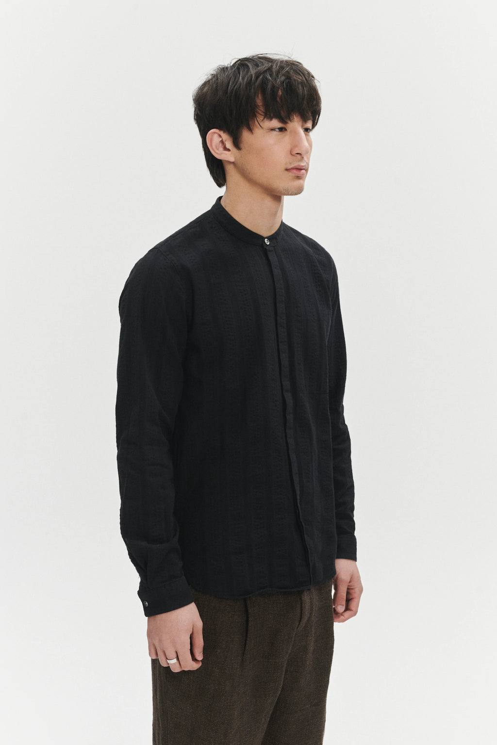 Zen Grandad Collar Shirt in a Black Portuguese Seersucker