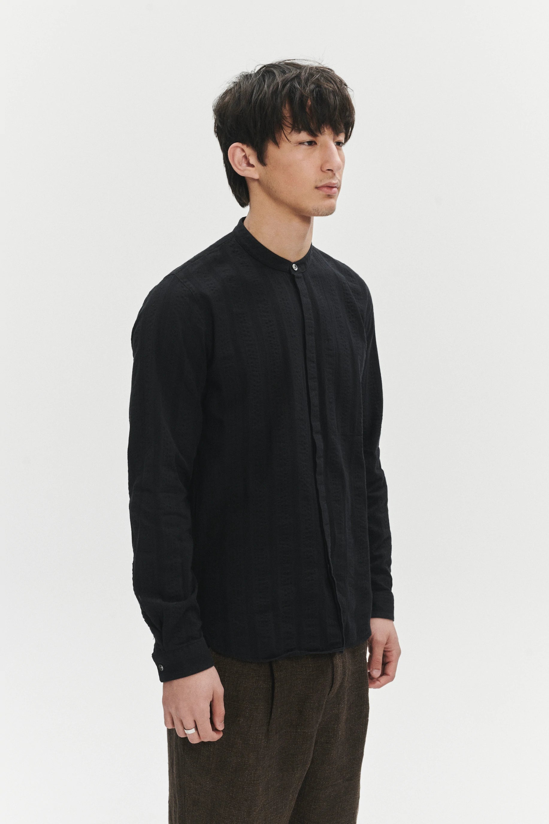 Zen Grandad Collar Shirt in a Black Portuguese Seersucker