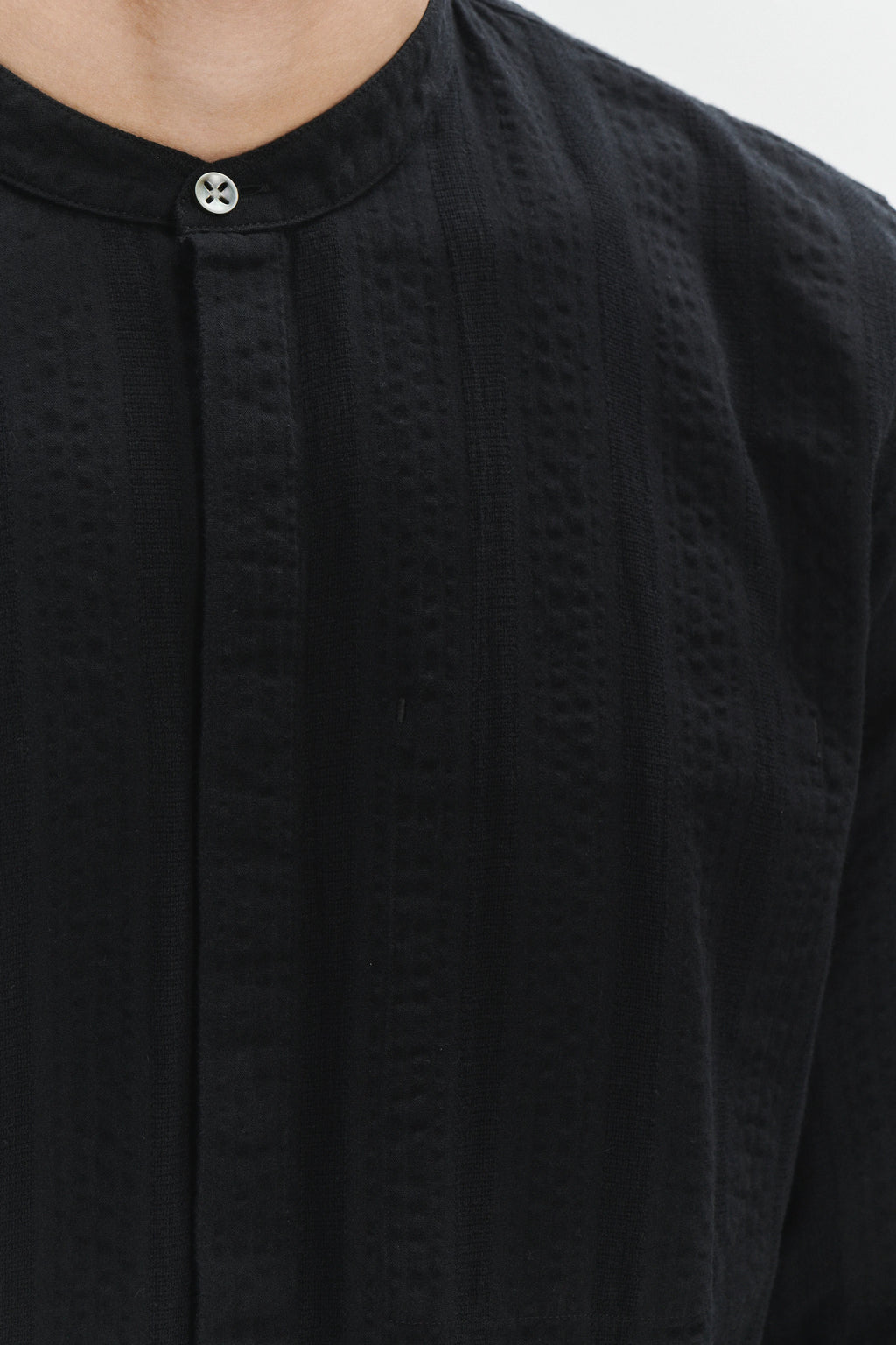 Zen Grandad Collar Shirt in a Black Portuguese Seersucker