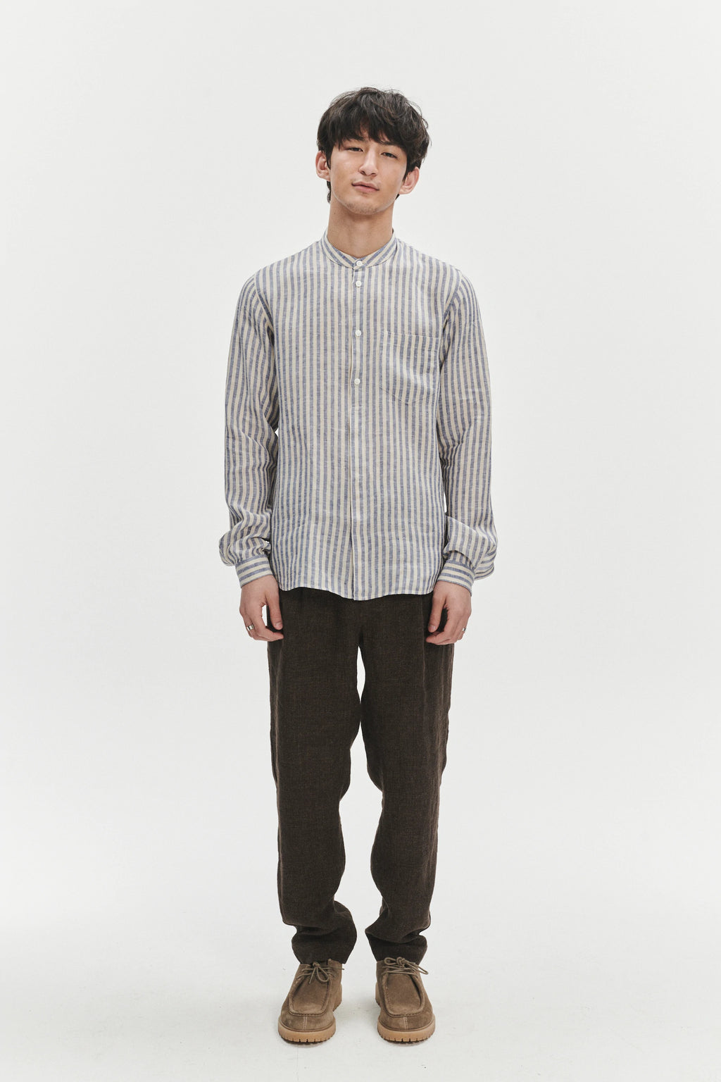 Zen Grandad Collar Shirt in a Creamy White and Blue Organic Italian Linen