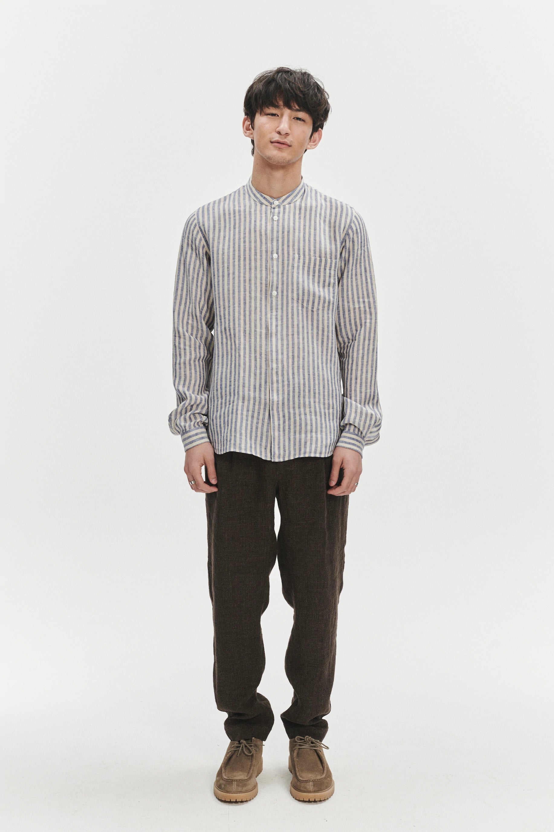 Zen Grandad Collar Shirt in a Creamy White and Blue Organic Italian Linen