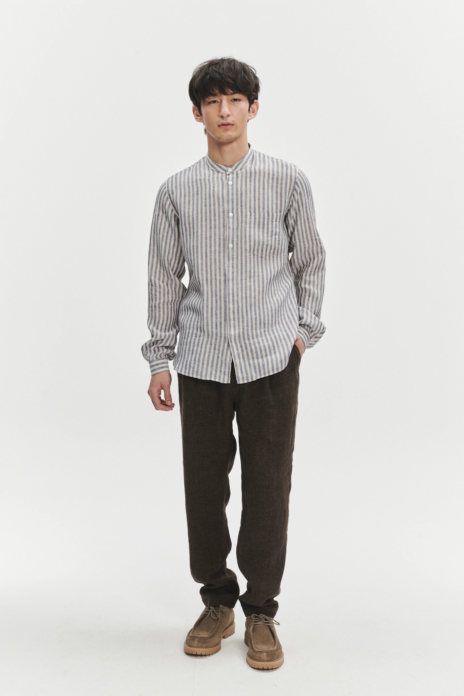 Zen Grandad Collar Shirt in a Creamy White and Blue Organic Italian Linen