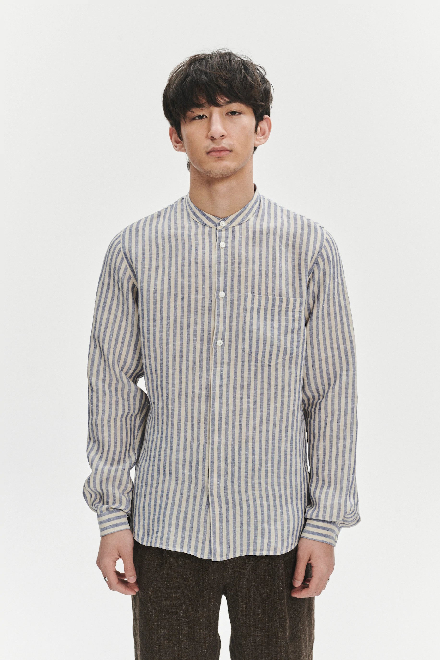Zen Grandad Collar Shirt in a Creamy White and Blue Organic Italian Linen