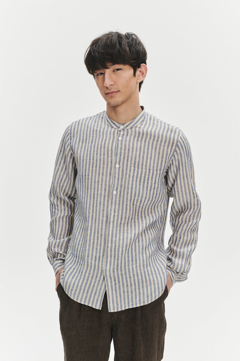 Zen Grandad Collar Shirt in a Creamy White and Blue Organic Italian Linen