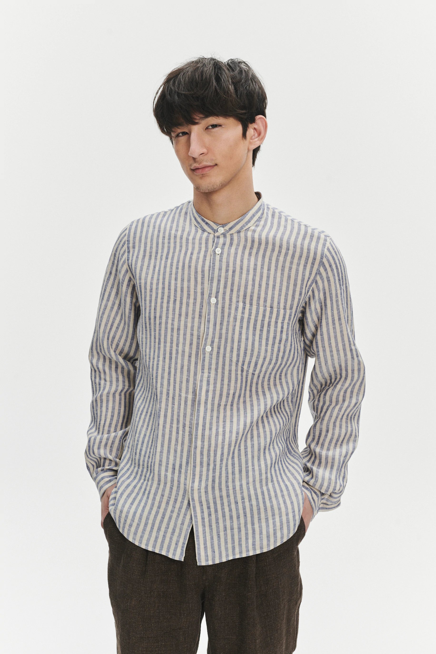 Zen Grandad Collar Shirt in a Creamy White and Blue Organic Italian Linen