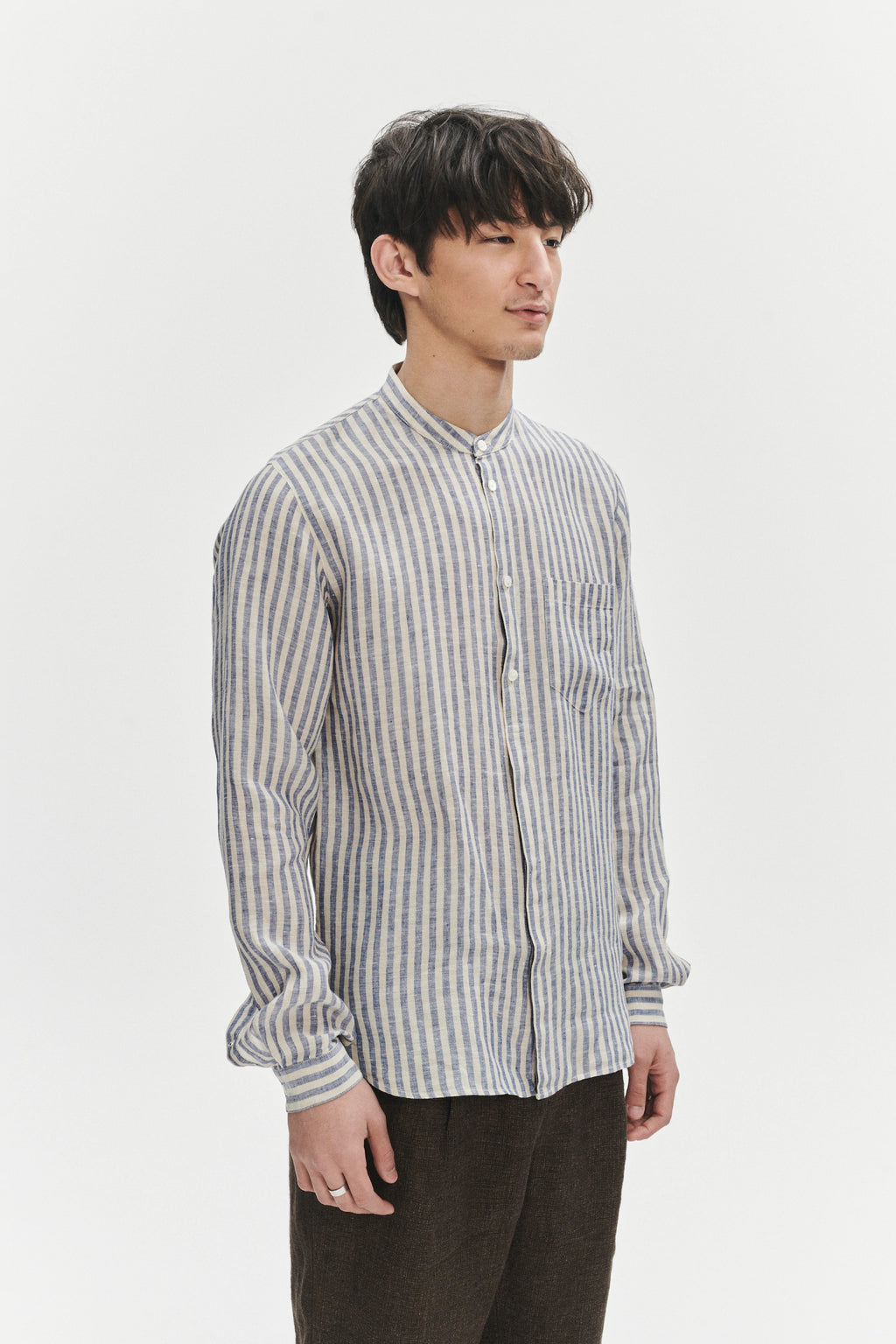 Zen Grandad Collar Shirt in a Creamy White and Blue Organic Italian Linen