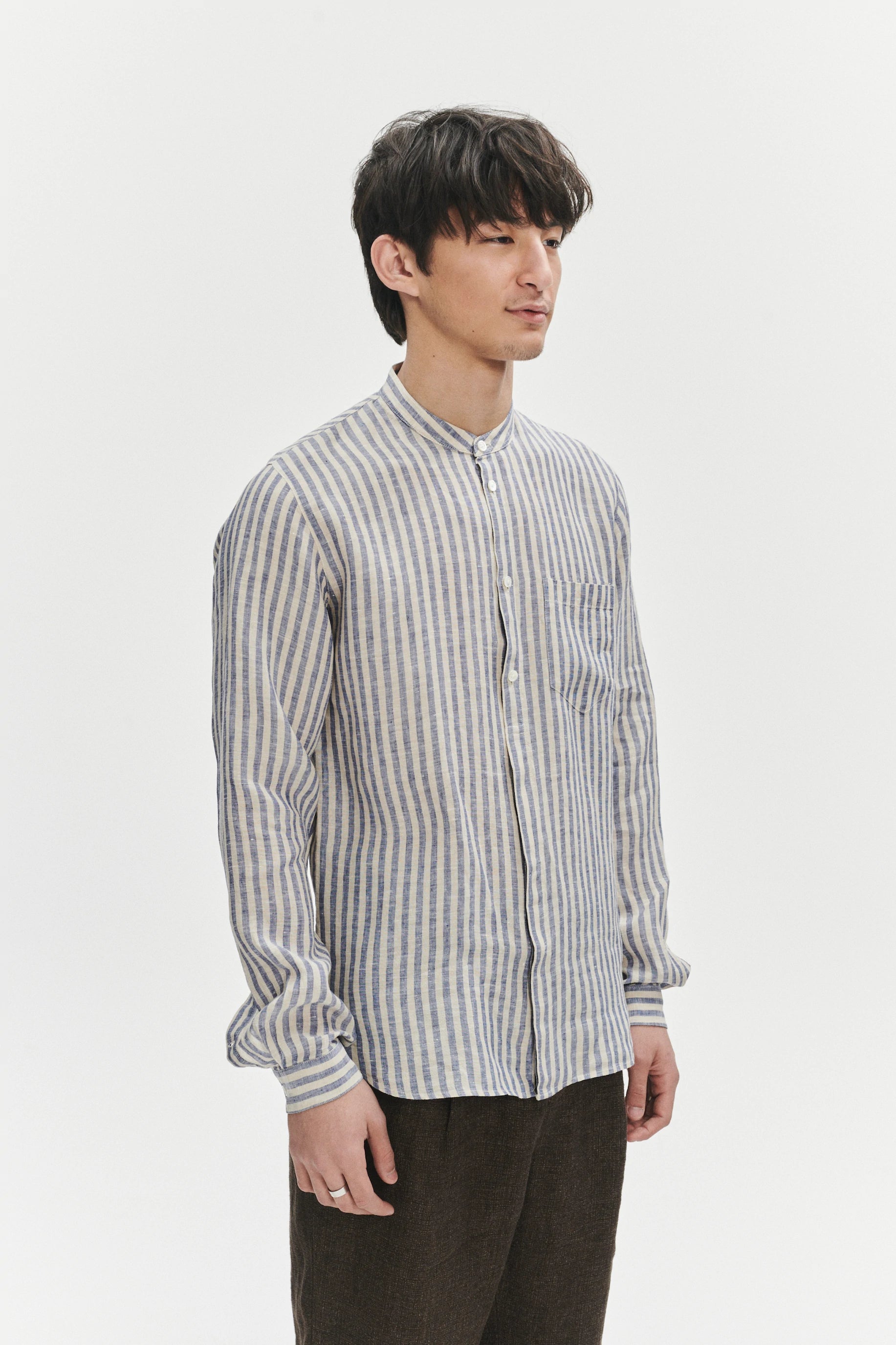 Zen Grandad Collar Shirt in a Creamy White and Blue Organic Italian Linen